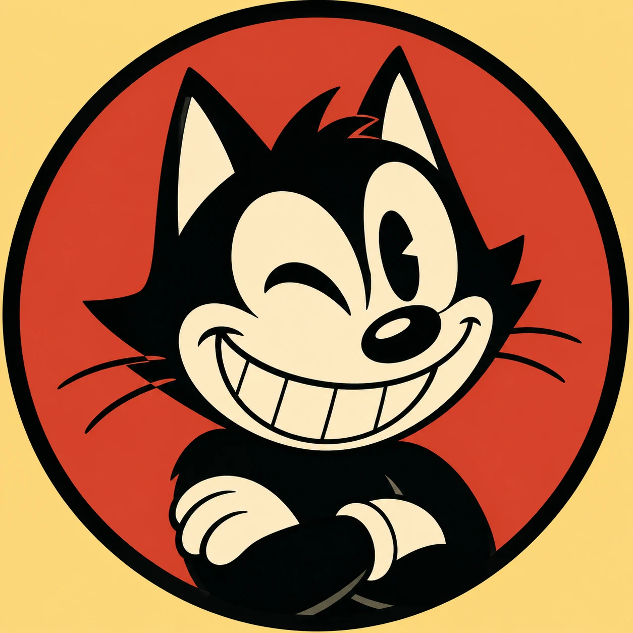 Retro cartoon cat PFP with bold black outlines, flat colors and a cheeky grin