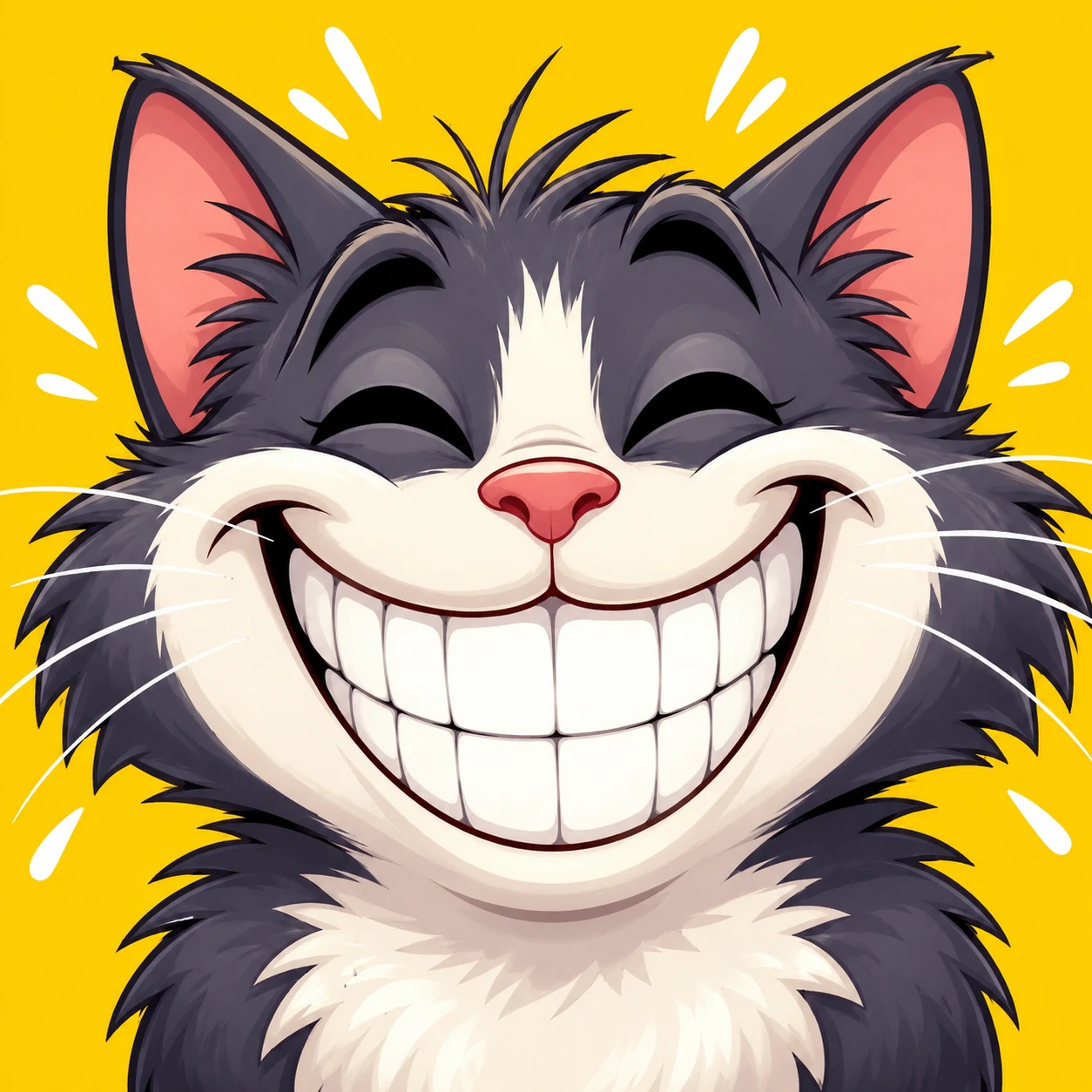 Goofy cartoon cat profile picture with a huge wide smile and squinted happy eyes