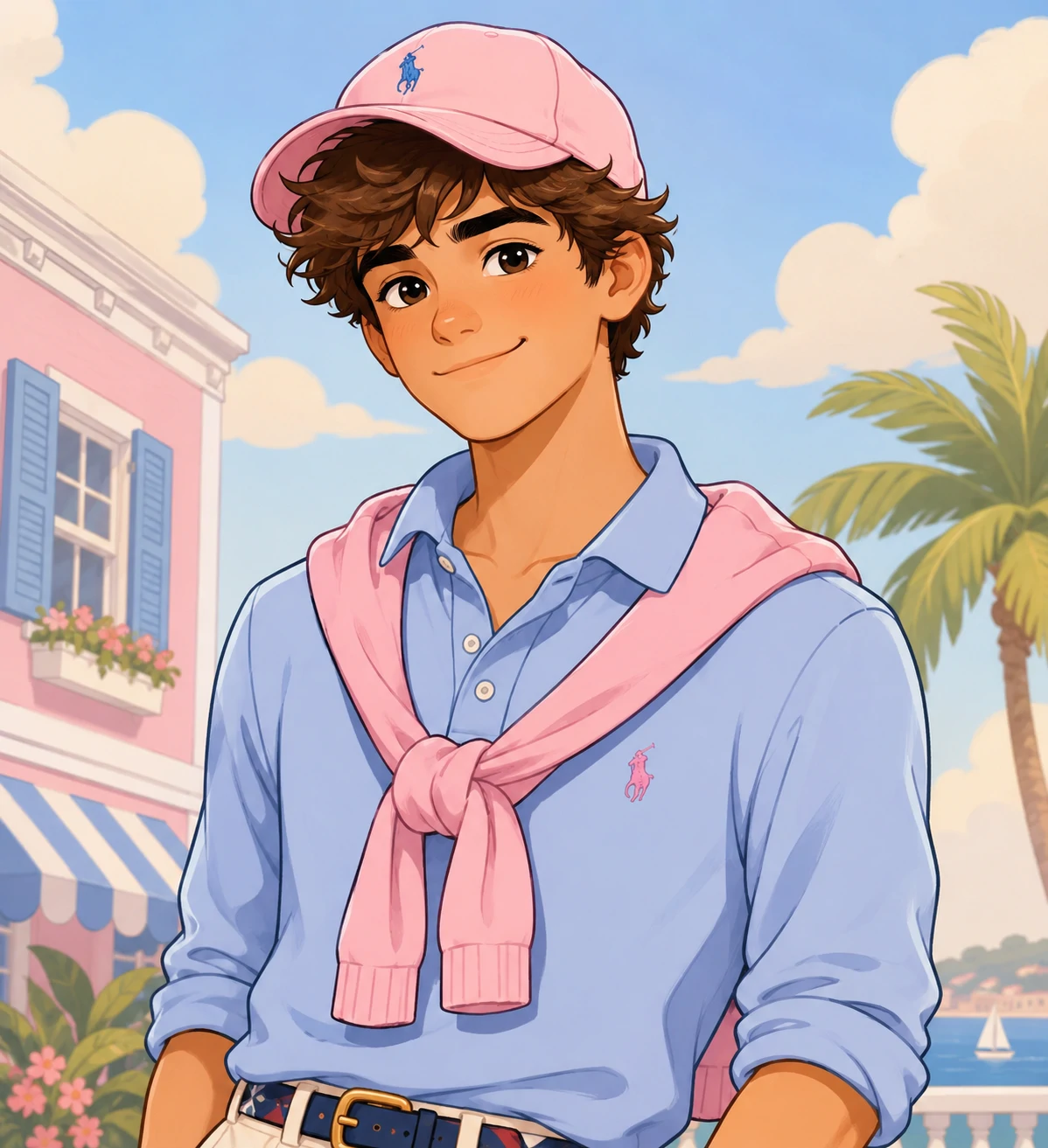 Cartoon preppy pfp boy in a polo outfit with cheerful trendy detailing and pastel background