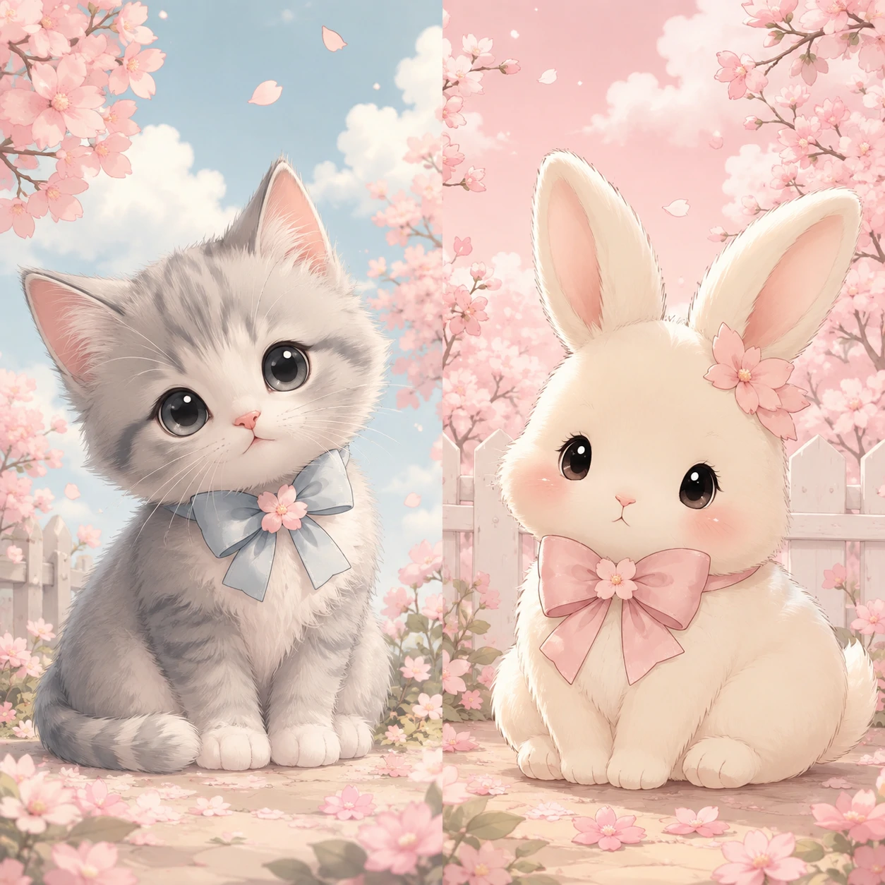 Cat and bunny matching pfp pair with coordinated pastel backgrounds
