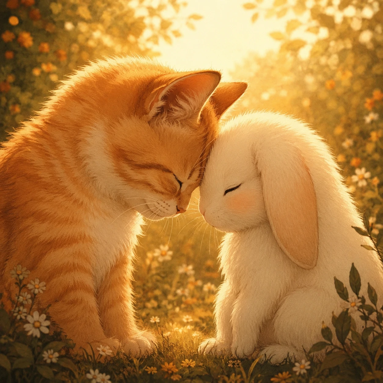 Matching pfp of a cat and bunny touching foreheads in a warm illustration