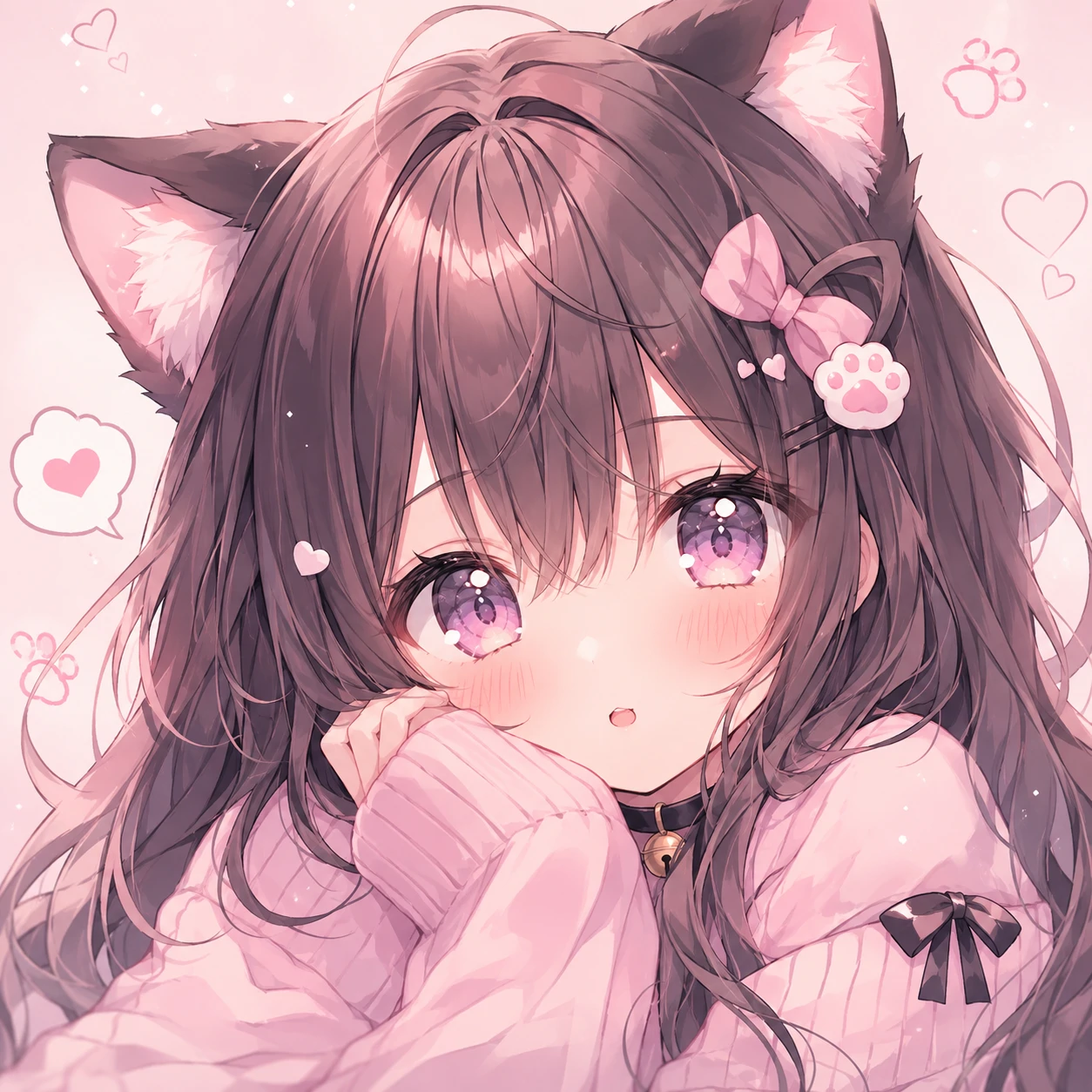Anime cat girl PFP with soft cat ears, blush cheeks and sparkling eyes in pastel tones