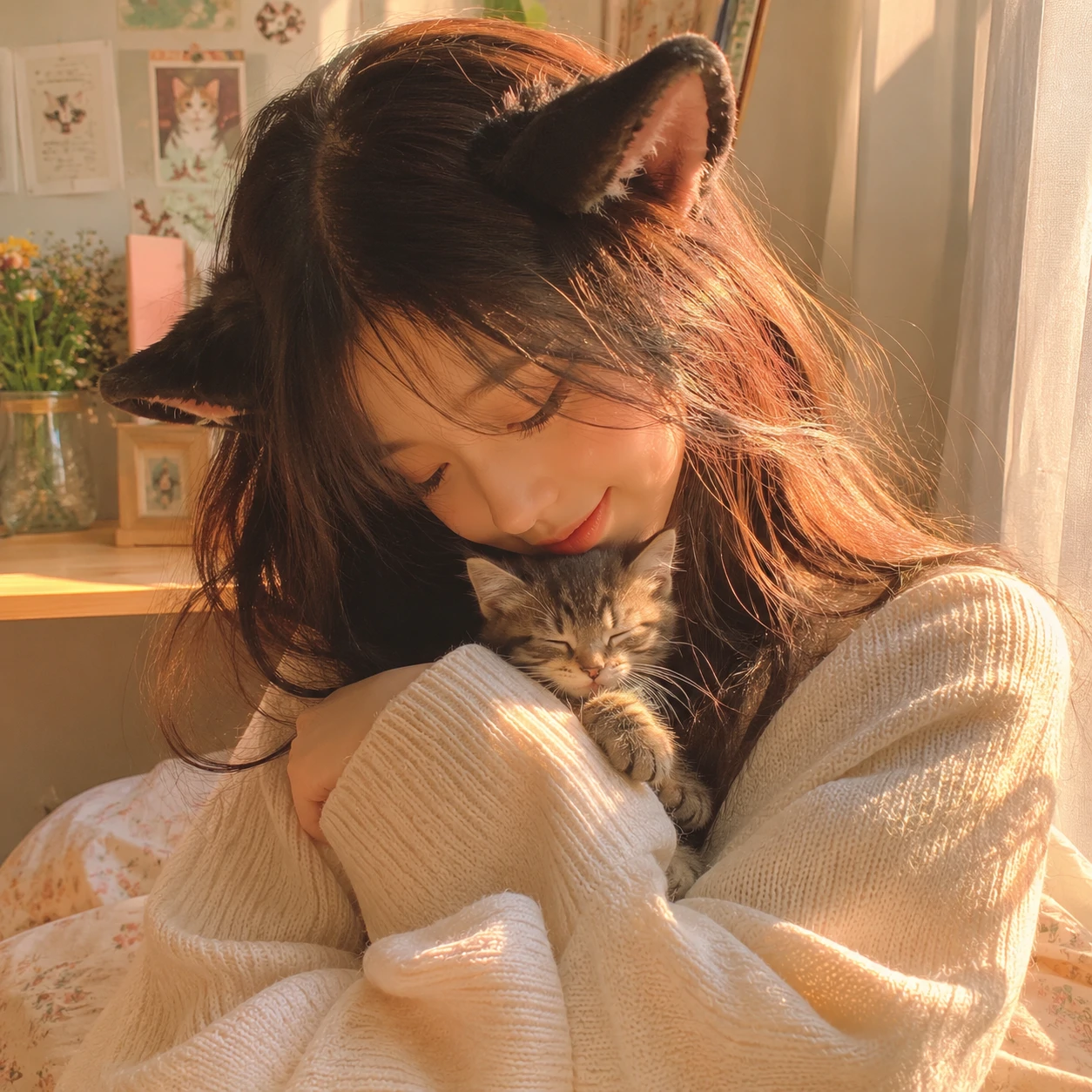 Soft aesthetic profile picture of a girl gently holding a kitten in warm natural light