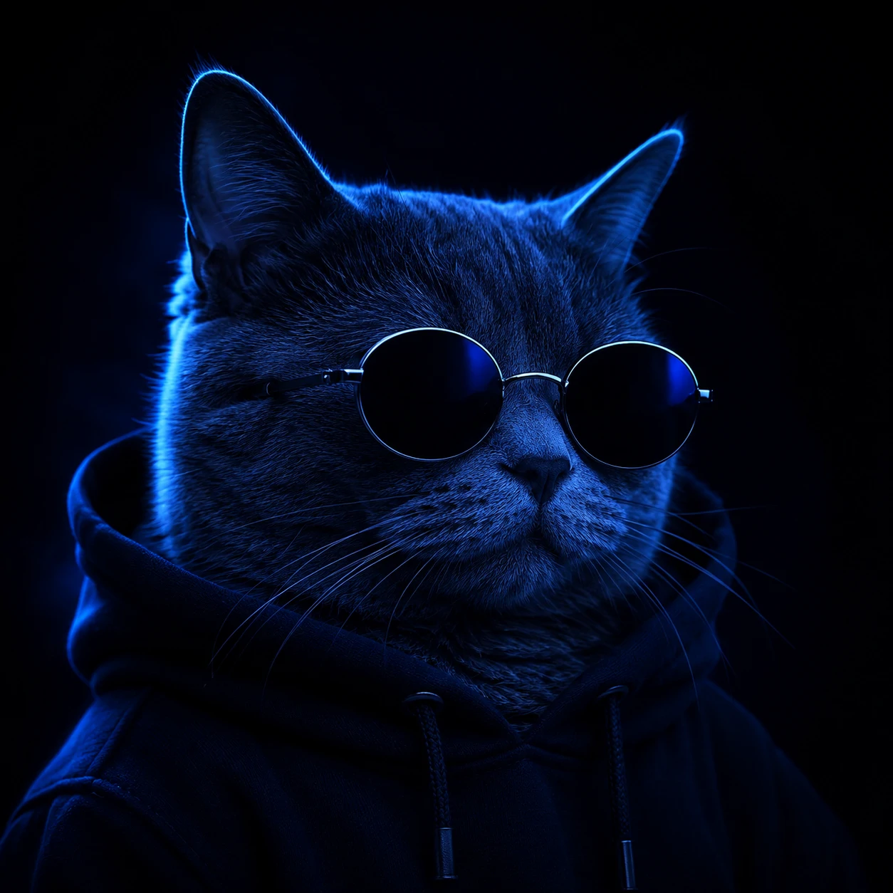 Cool cat PFP for boys with dark background, blue moody lighting and a calm expression