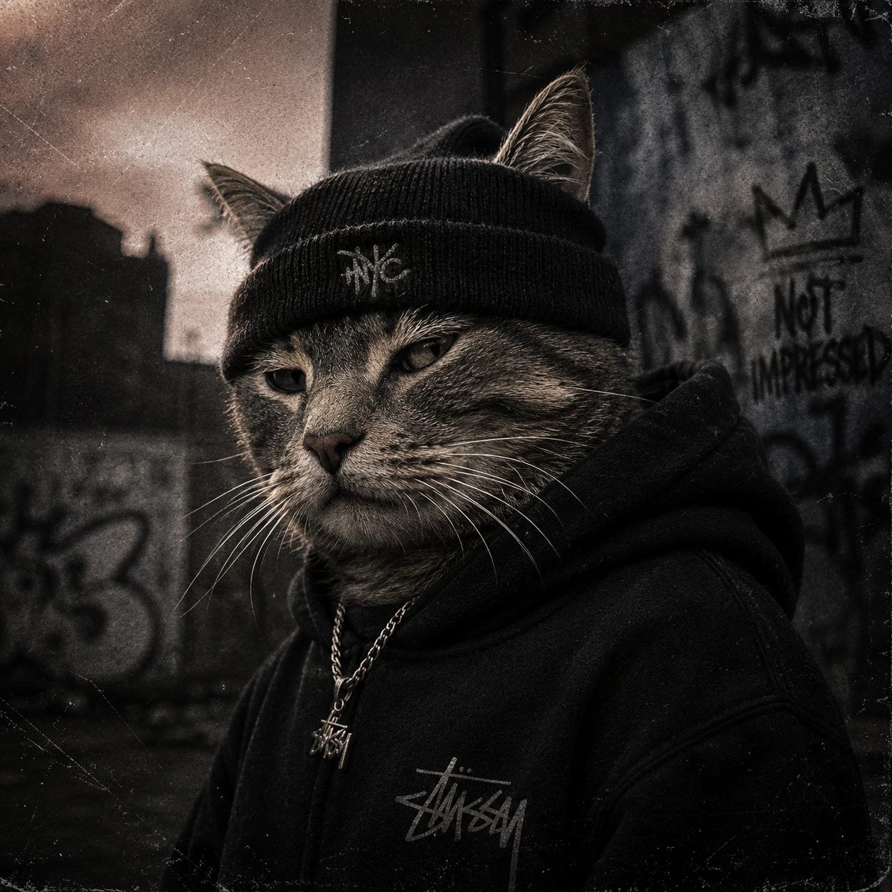 Edgy cat profile picture for boys wearing a beanie with streetwear-style urban edit