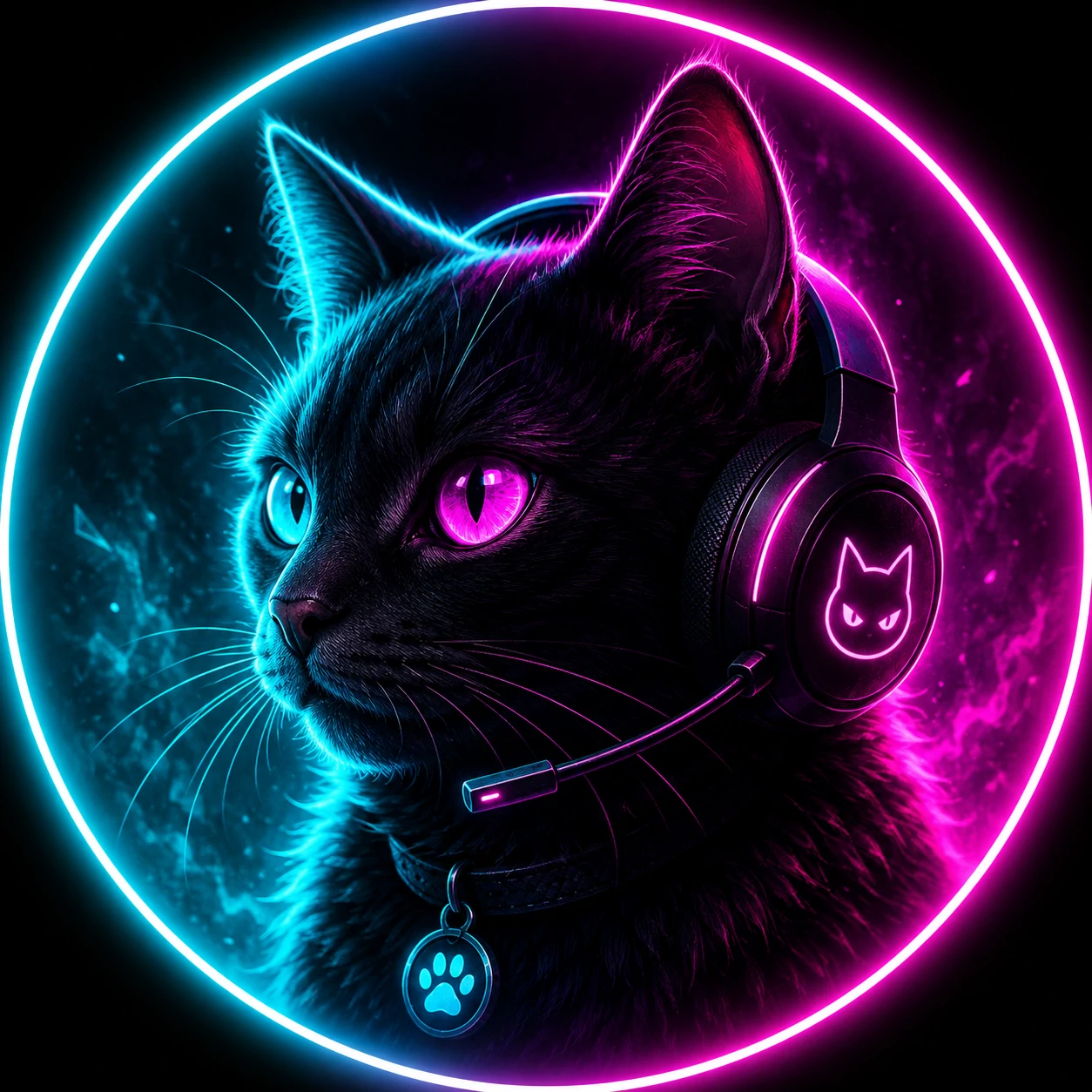 Neon-lit cat profile picture for Discord gaming servers with cyan and magenta glow