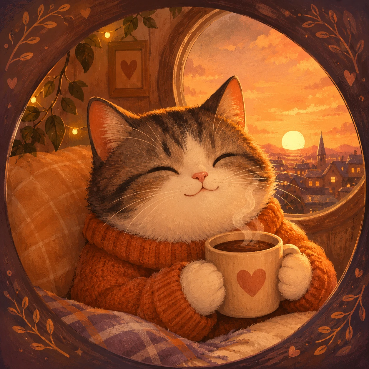 Cozy digital art cat profile picture with warm painted textures and soft rounded shapes