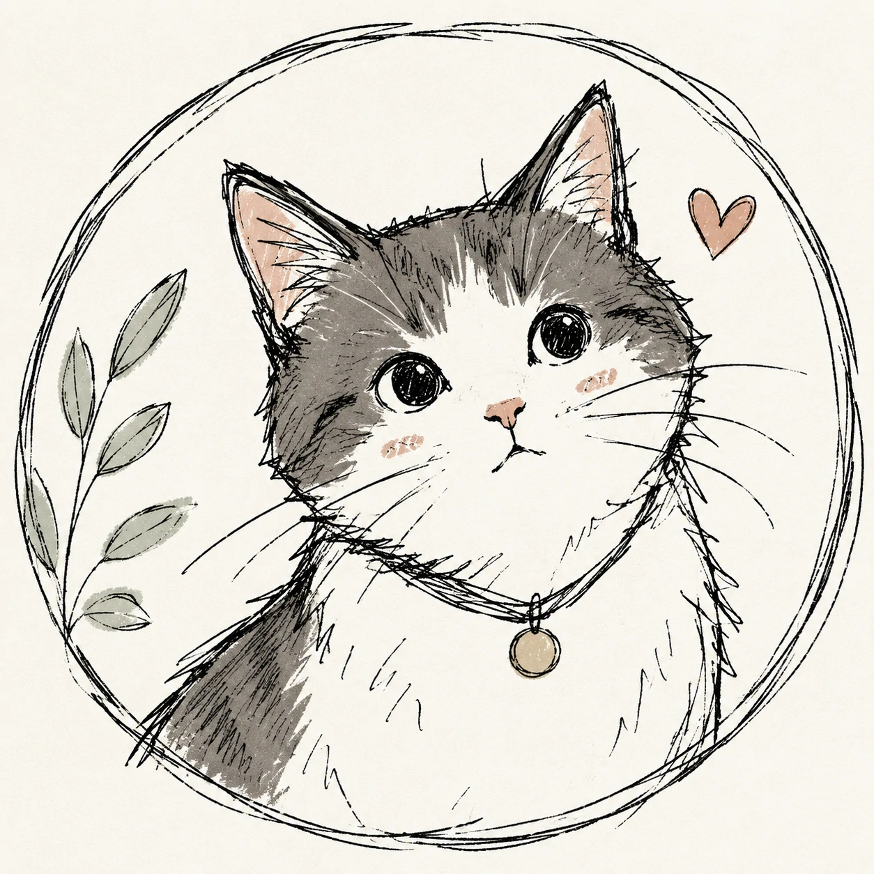 Hand-drawn cat PFP with loose sketchy lineart, minimal color and an artsy handmade feel