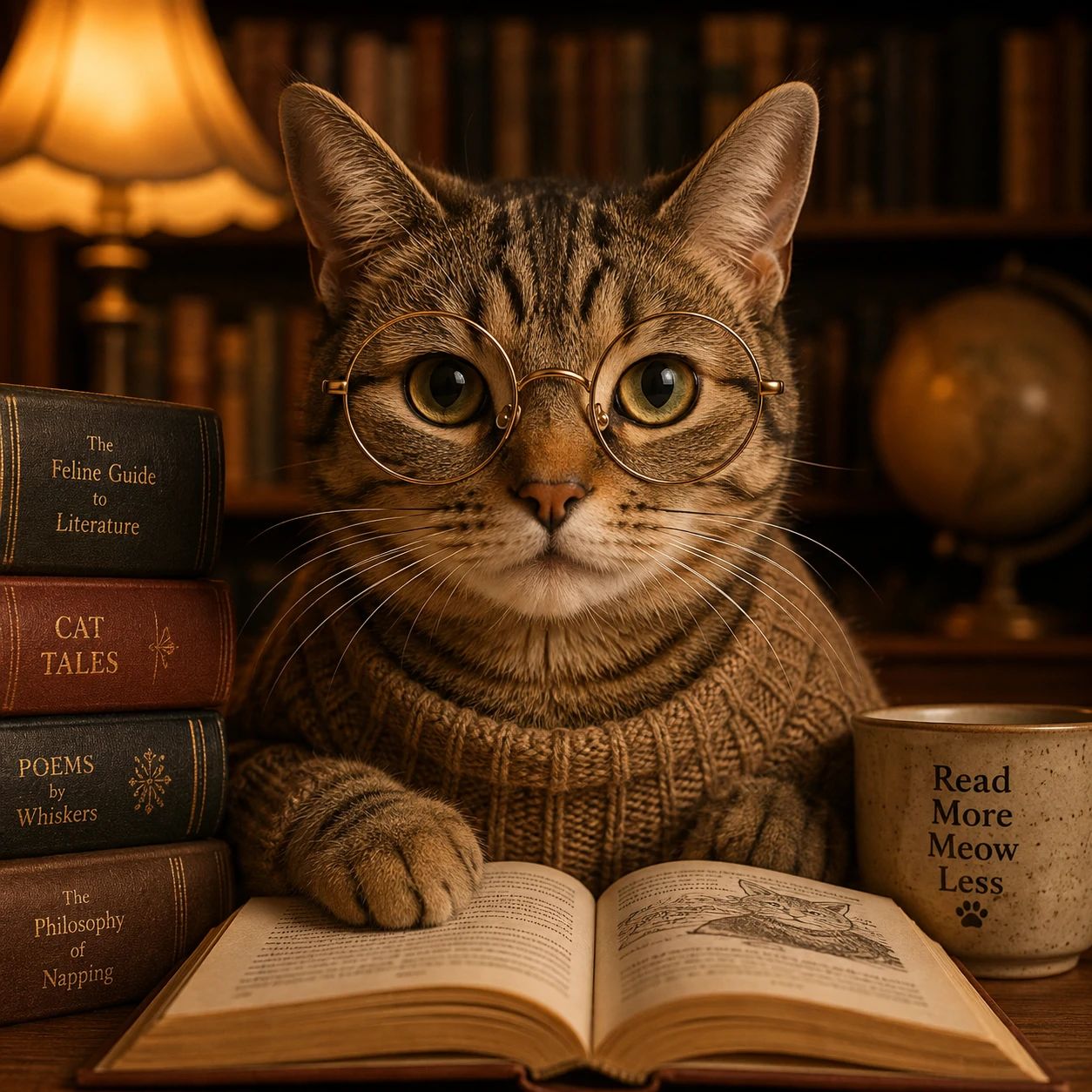 Cat PFP wearing round wire-frame glasses, bookish and studious with warm library tones