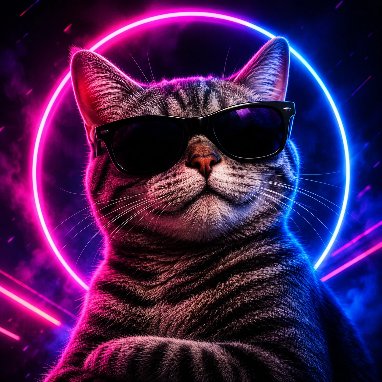 Cool cat profile picture wearing black sunglasses with a confident smirk and neon backdrop