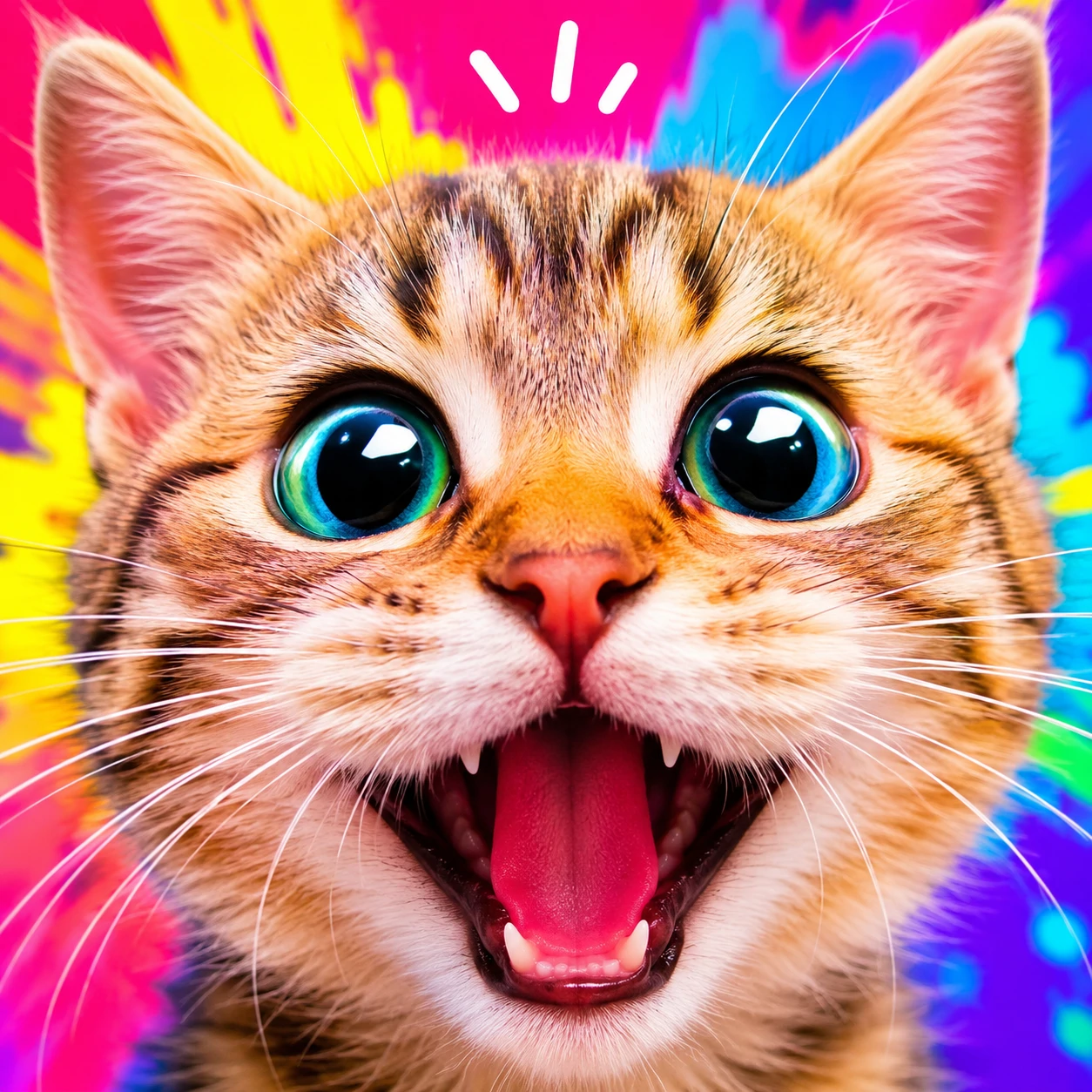 Bright expressive cat PFP for TikTok with a playful wide-eyed look and vivid colors