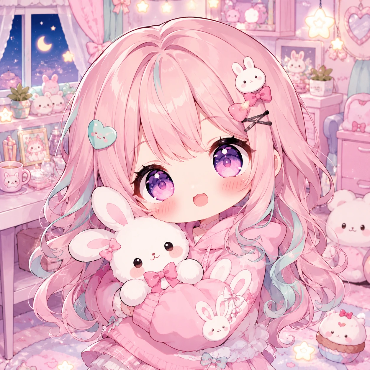 chibi kawaii PFP of an anime girl with oversized eyes, pastel hair and a soft blush