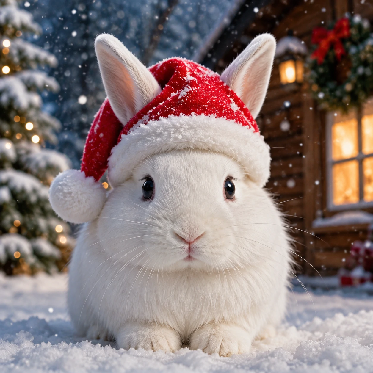 Christmas bunny pfp of a white rabbit wearing a red Santa hat in falling snow