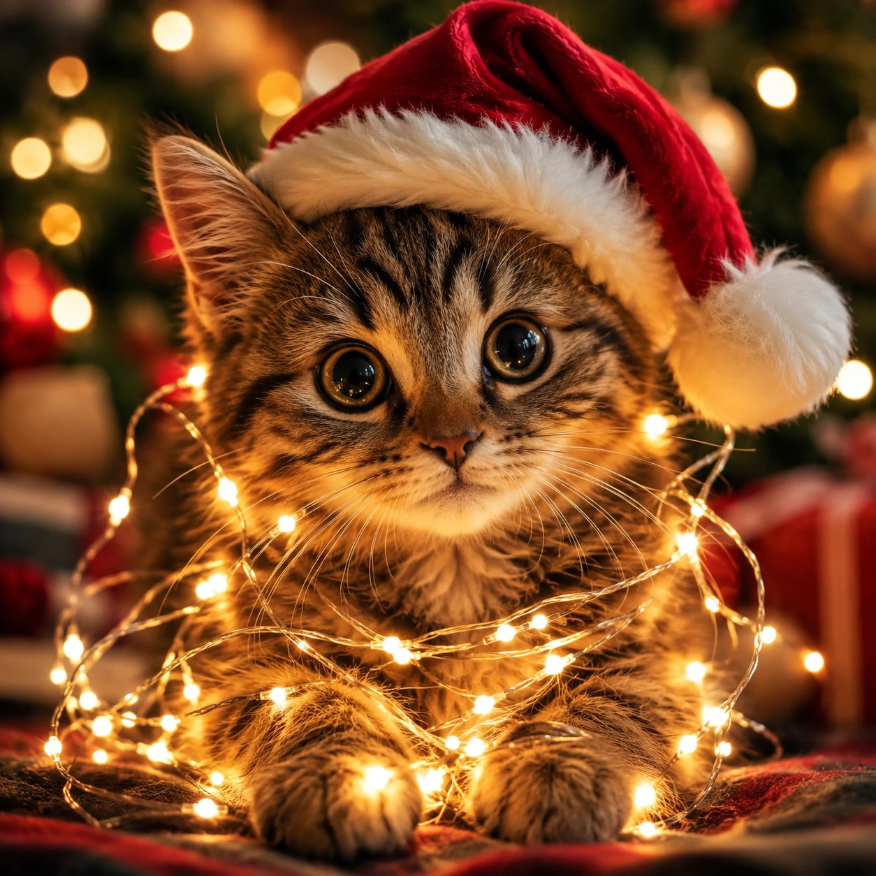 Christmas cat PFP wearing a Santa hat, tangled gently in warm glowing fairy lights
