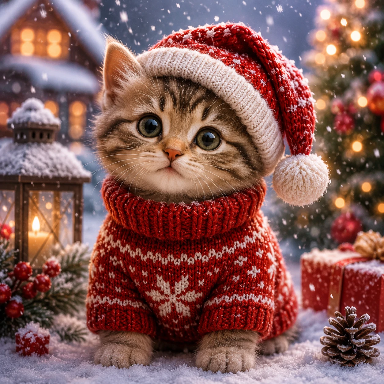 Cozy Christmas cat profile picture in a tiny knitted sweater with soft falling snow