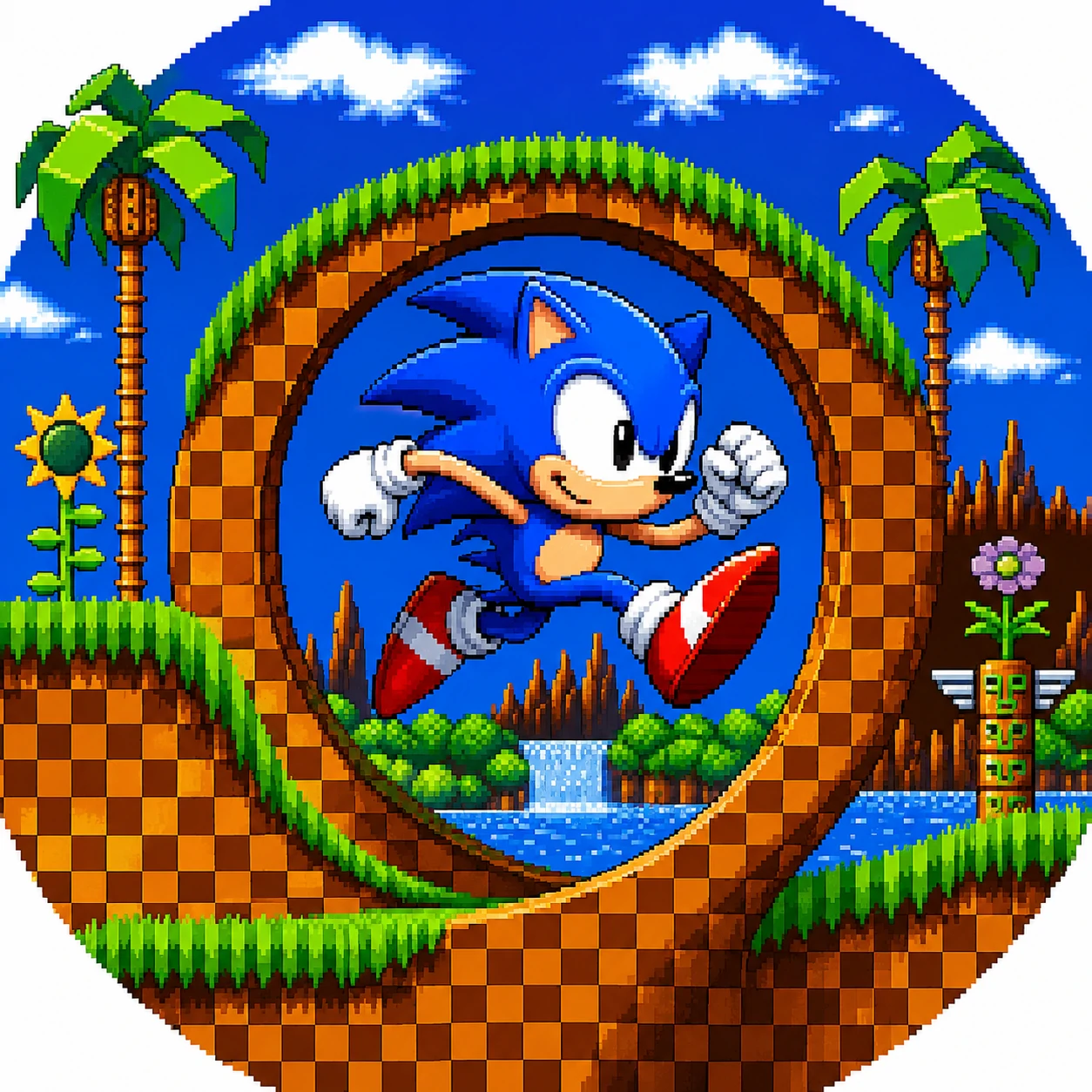 Classic Sonic profile picture jumping through Green Hill Zone loops with retro colors
