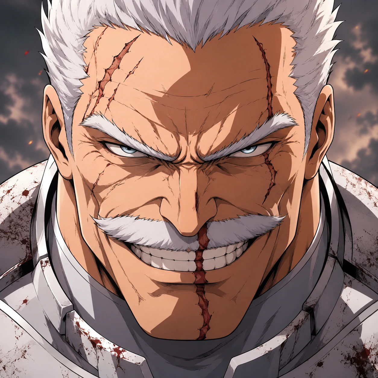 Conquest Invincible PFP with white hair split lip and Viltrumite battle armour
