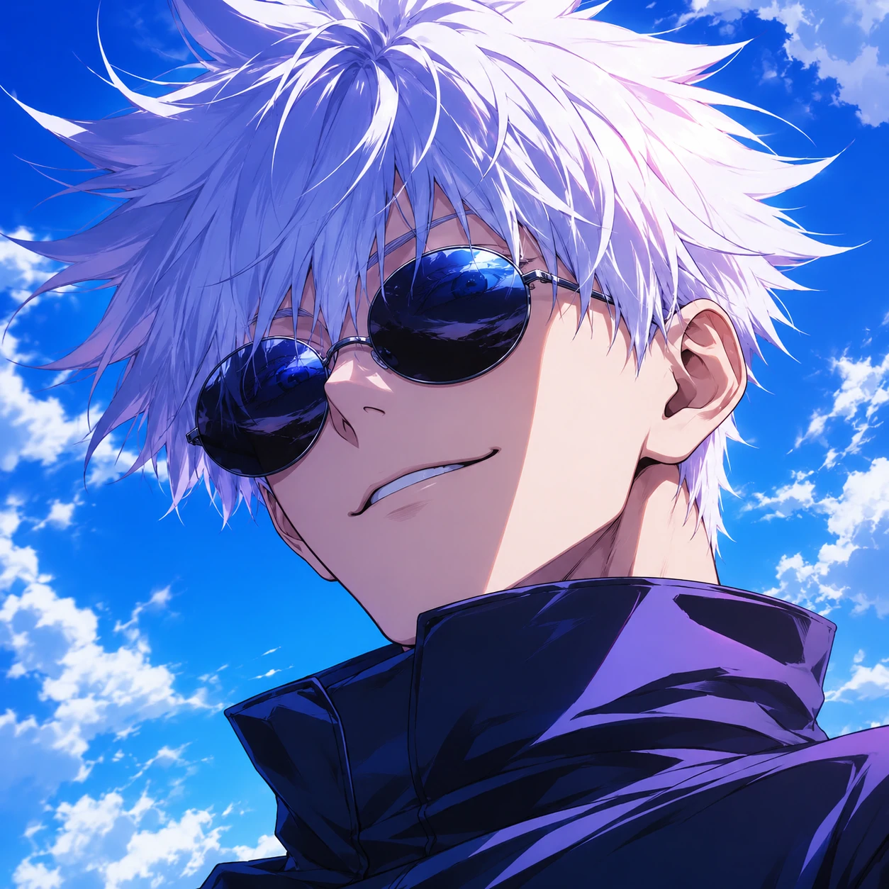 Cool Gojo PFP with sunglasses, half smirk, and bright sky backdrop