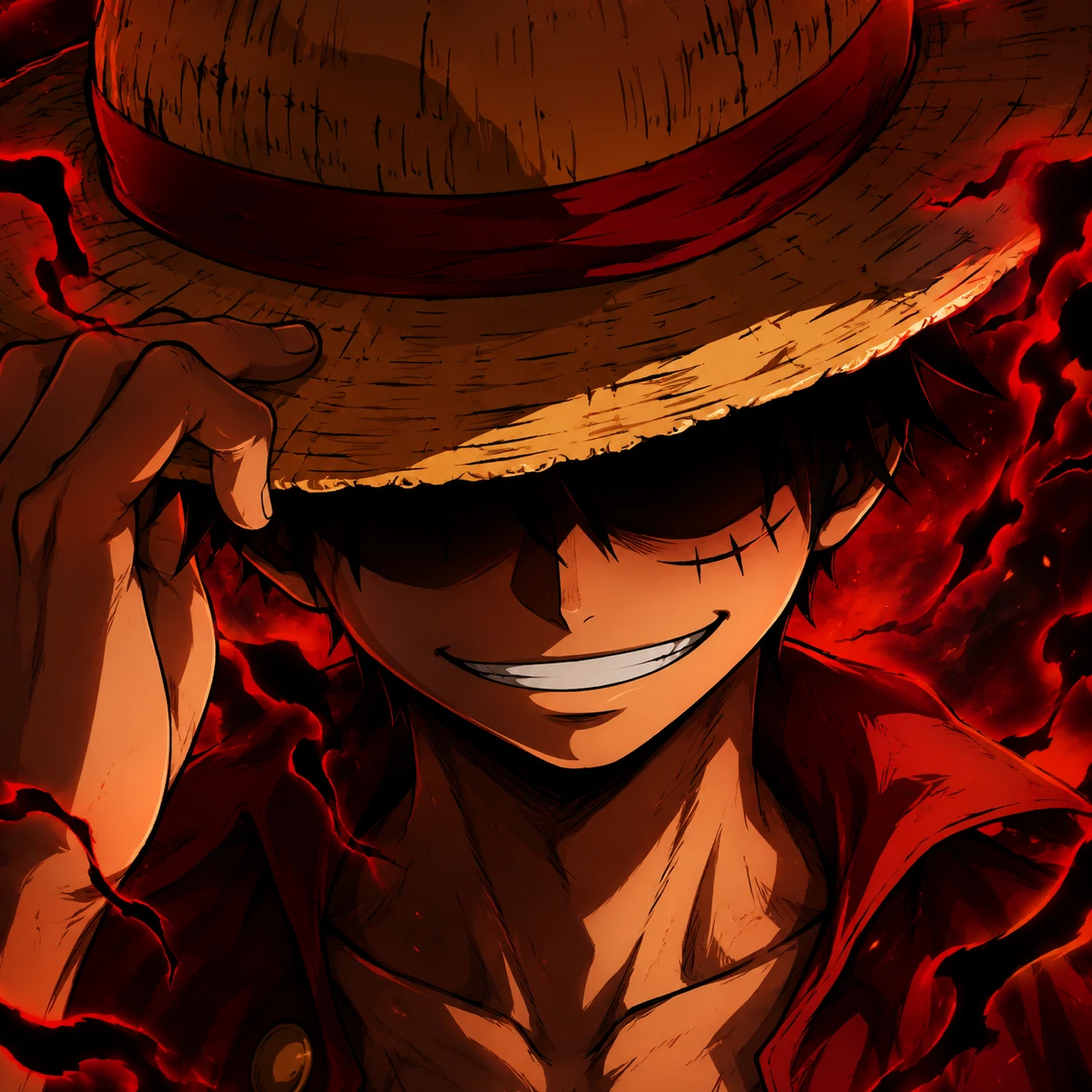 Cool Luffy pfp with sharp grin, straw hat shadow, and bold Haki lighting