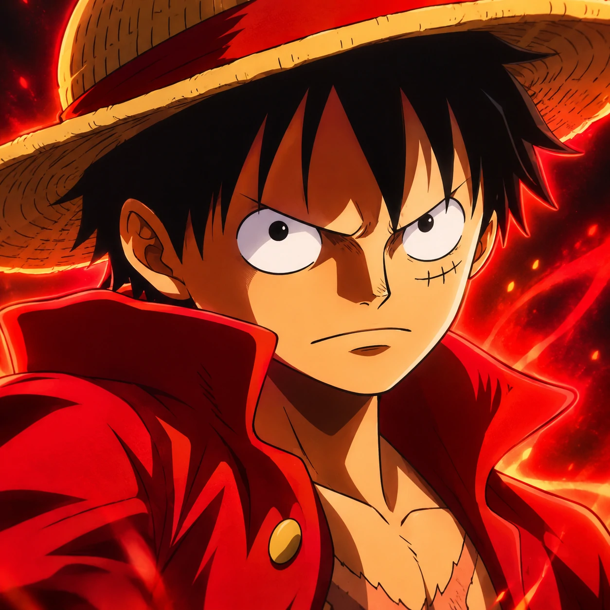 Cool Luffy profile picture in red jacket with glowing anime background