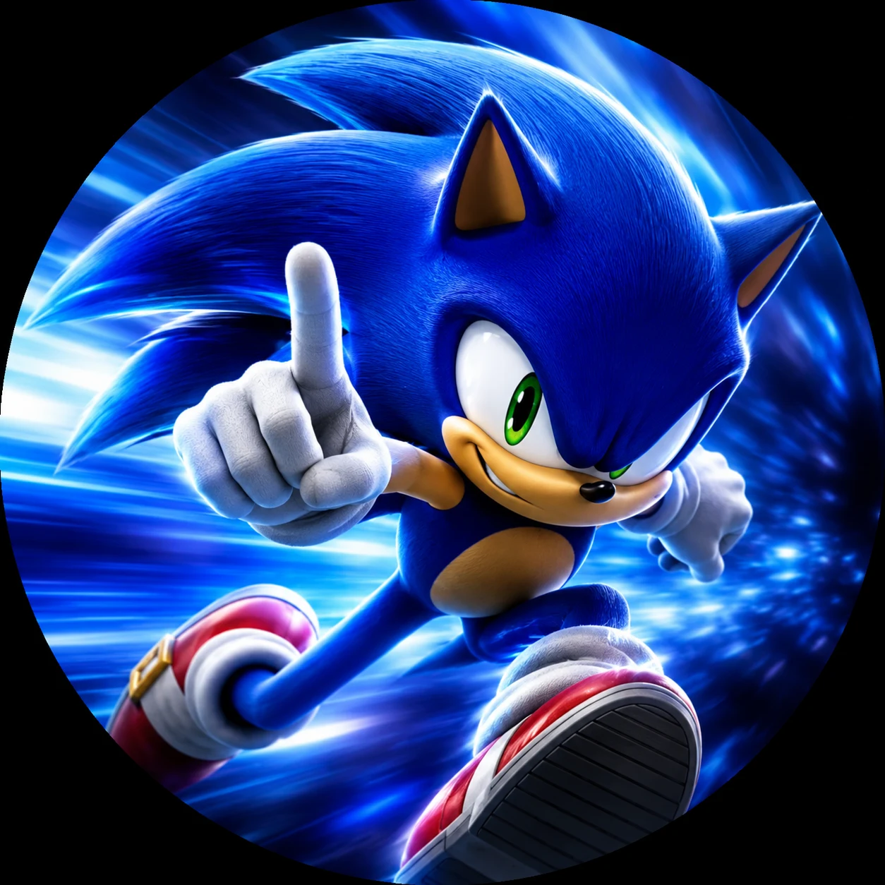 Cool Sonic PFP with confident smirk, wind-blown quills and a blue speed-blur background