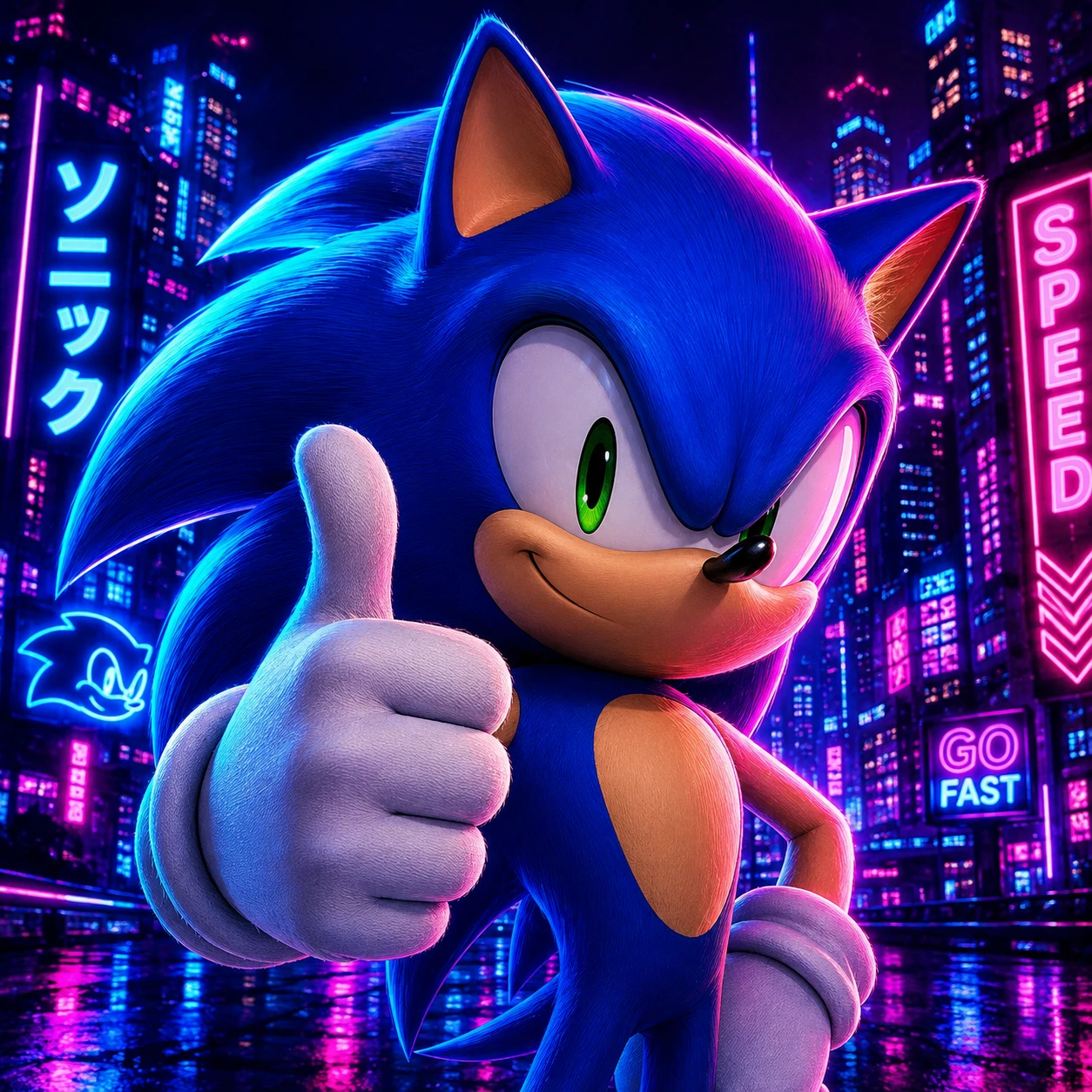 Cool Sonic the Hedgehog PFP giving a thumbs up in front of neon city lights