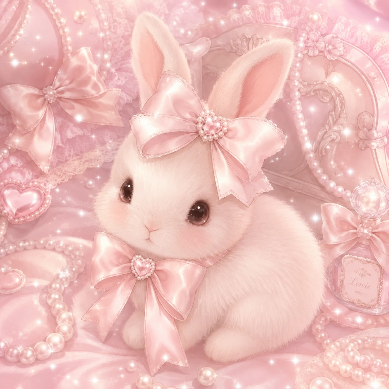 coquette kawaii profile picture with a bow-wearing bunny icon and pale pink pearl accents