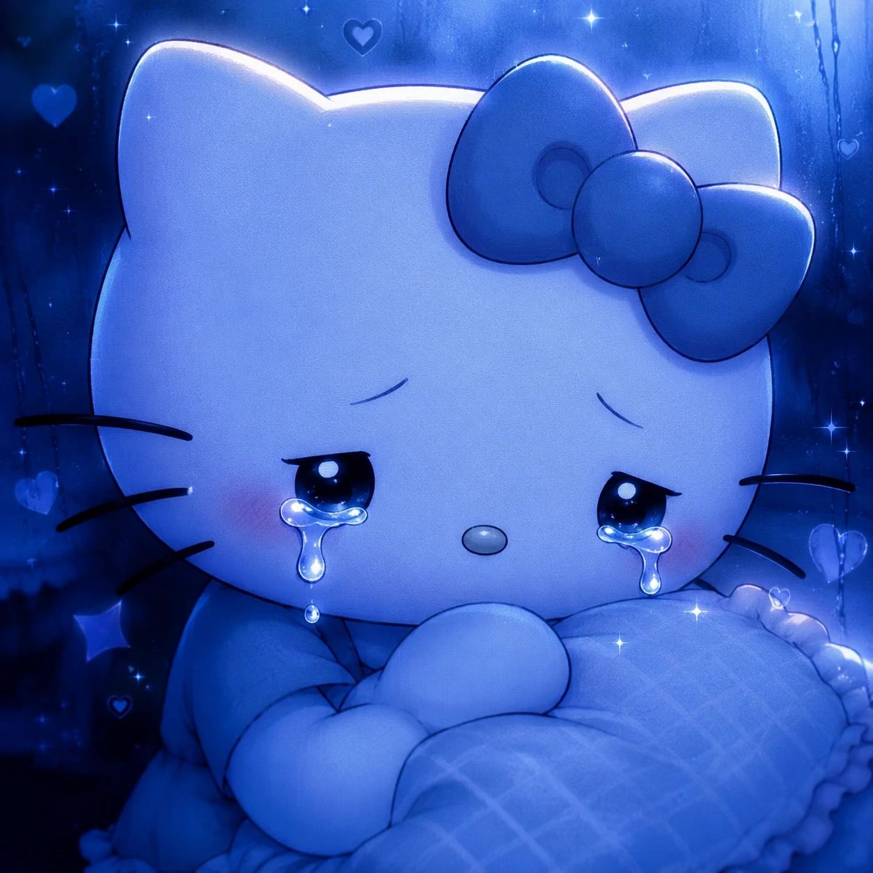 Crying Hello Kitty profile picture with soft blue tint and glossy tear reflections