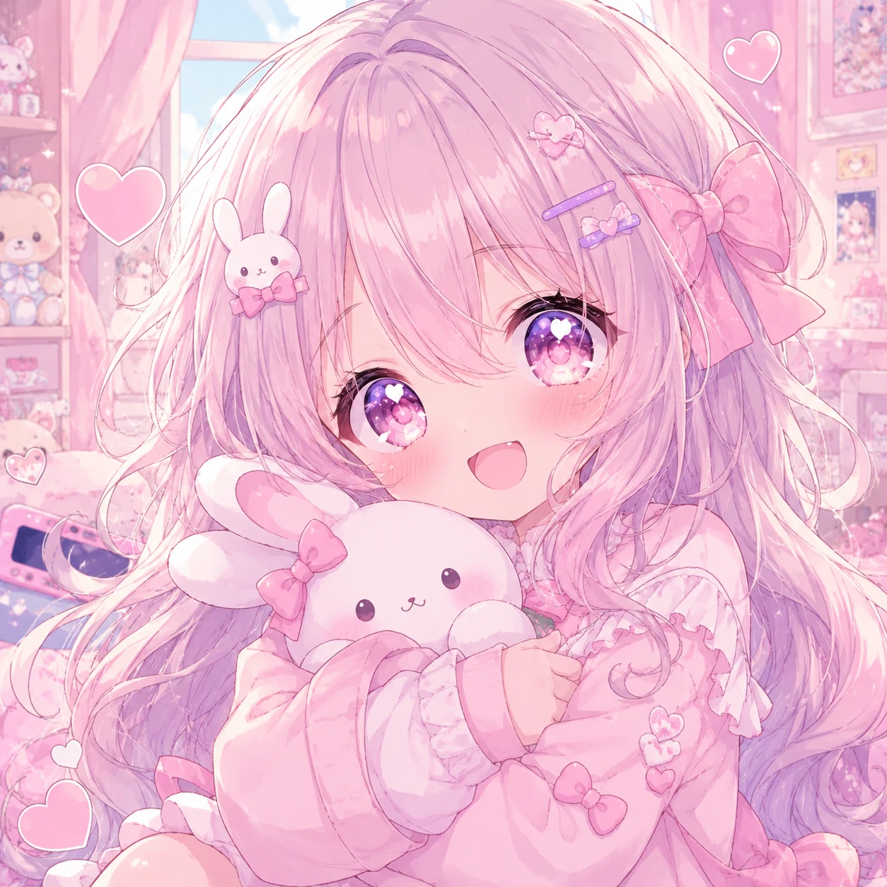 cute anime kawaii girl PFP with sparkle eyes, soft pastel palette and heart accents