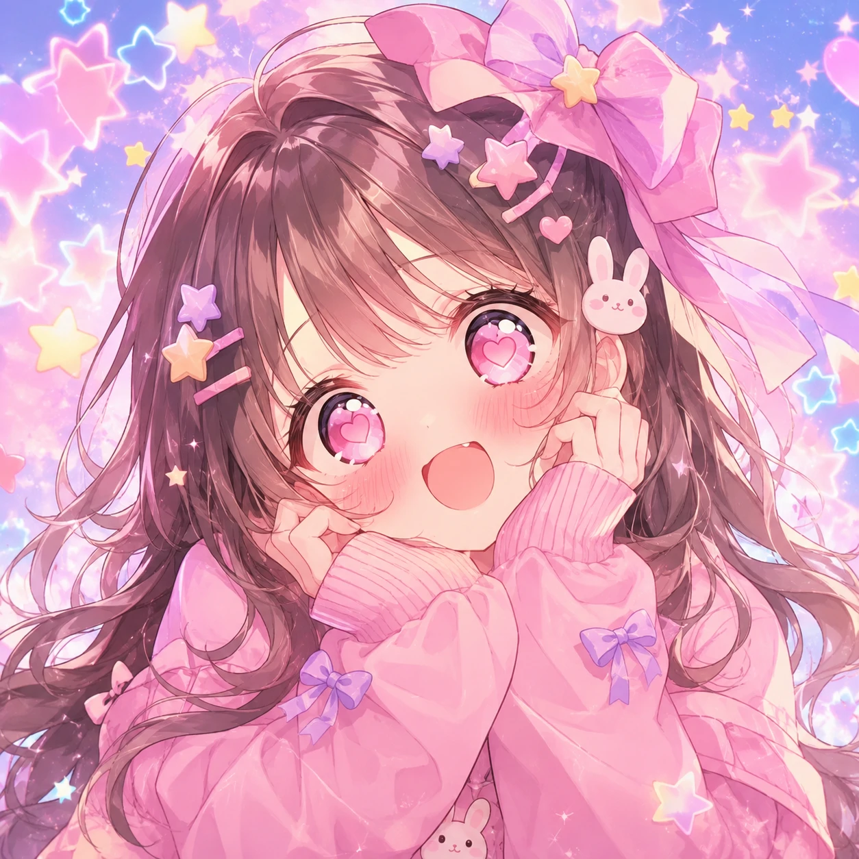 cute anime kawaii girl profile picture with heart-shaped pupils and pastel star background