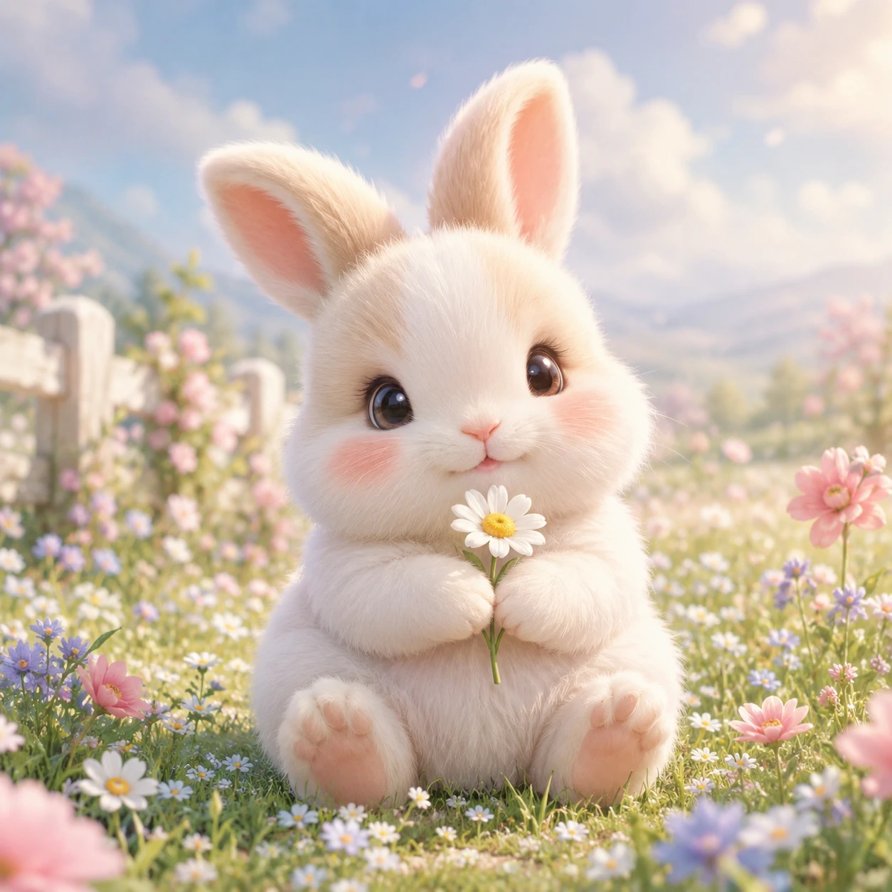 Cute bunny pfp featuring a baby rabbit holding a tiny flower in a pastel meadow