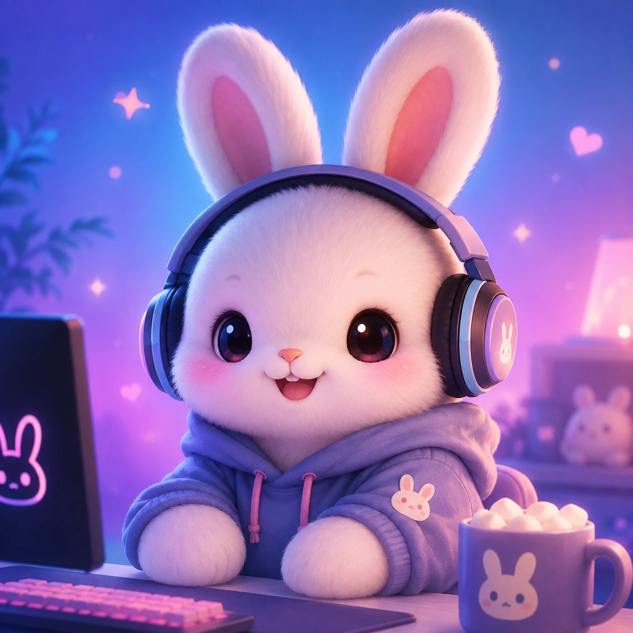 Cute bunny Discord avatar wearing tiny headphones on a soft gradient