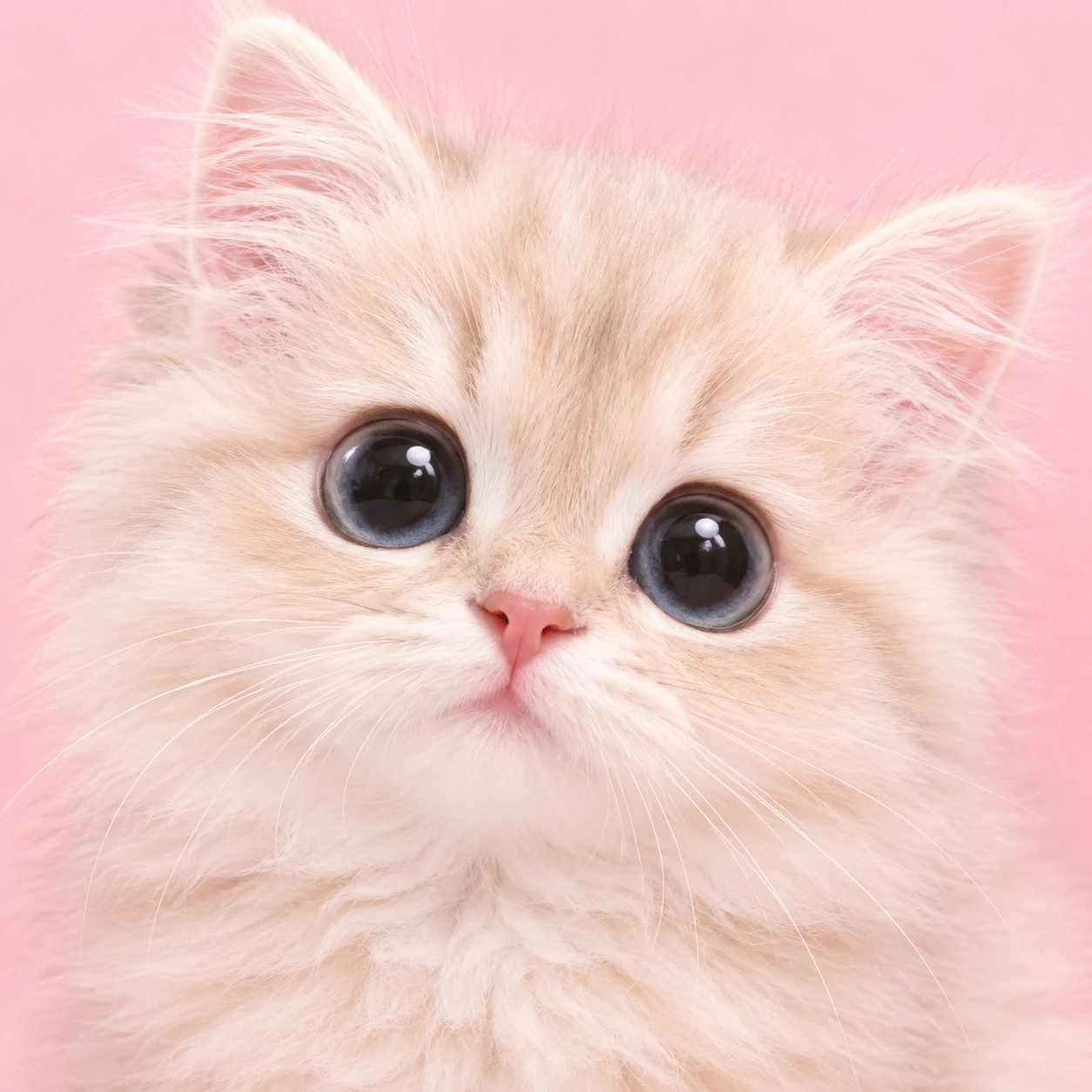 Cute cat PFP of a fluffy kitten with big eyes against a soft pastel pink background