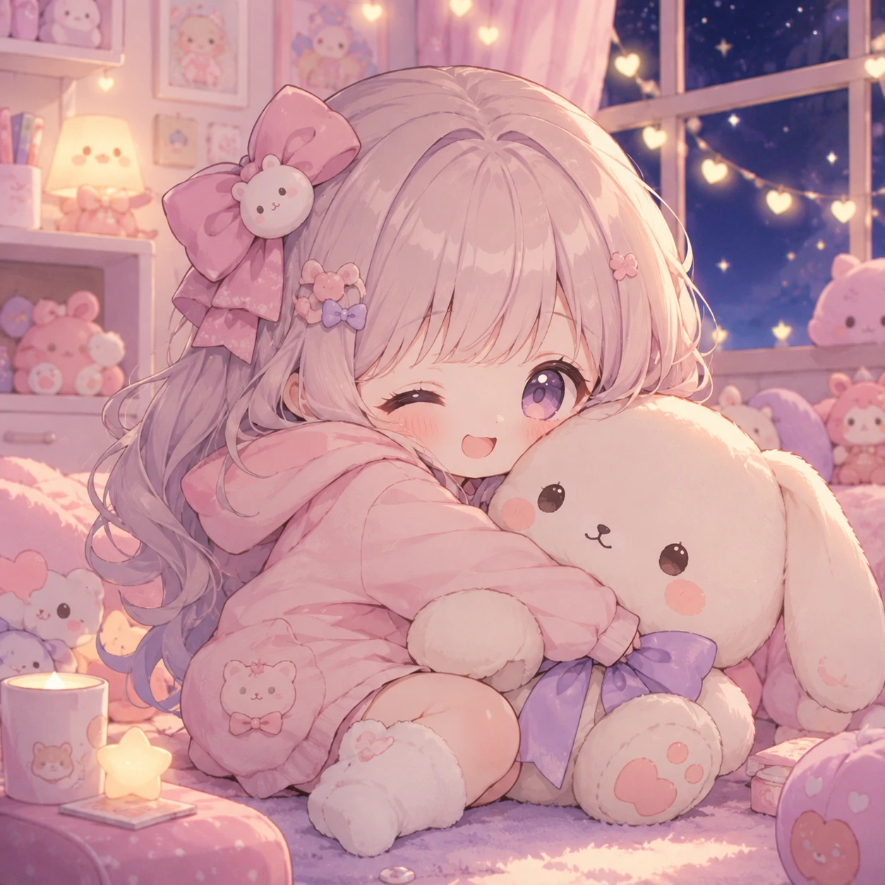 cute chibi kawaii profile picture with a small character hugging a plushie in soft pastels
