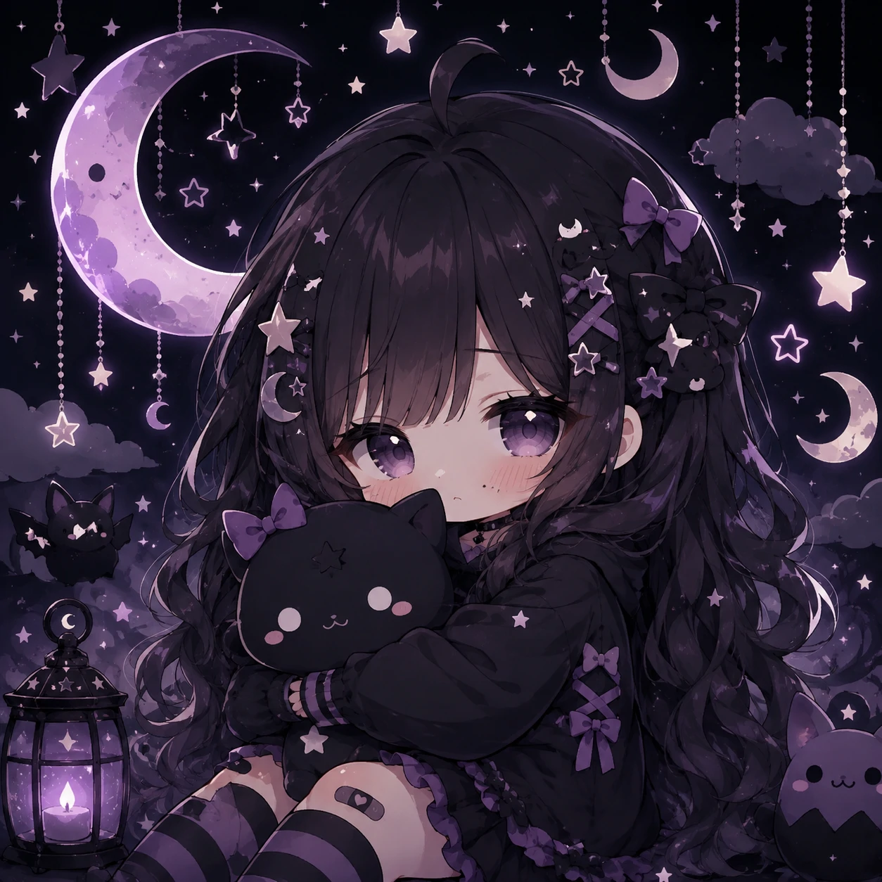 cute dark kawaii PFP with moon and star icons around a soft anime chibi character