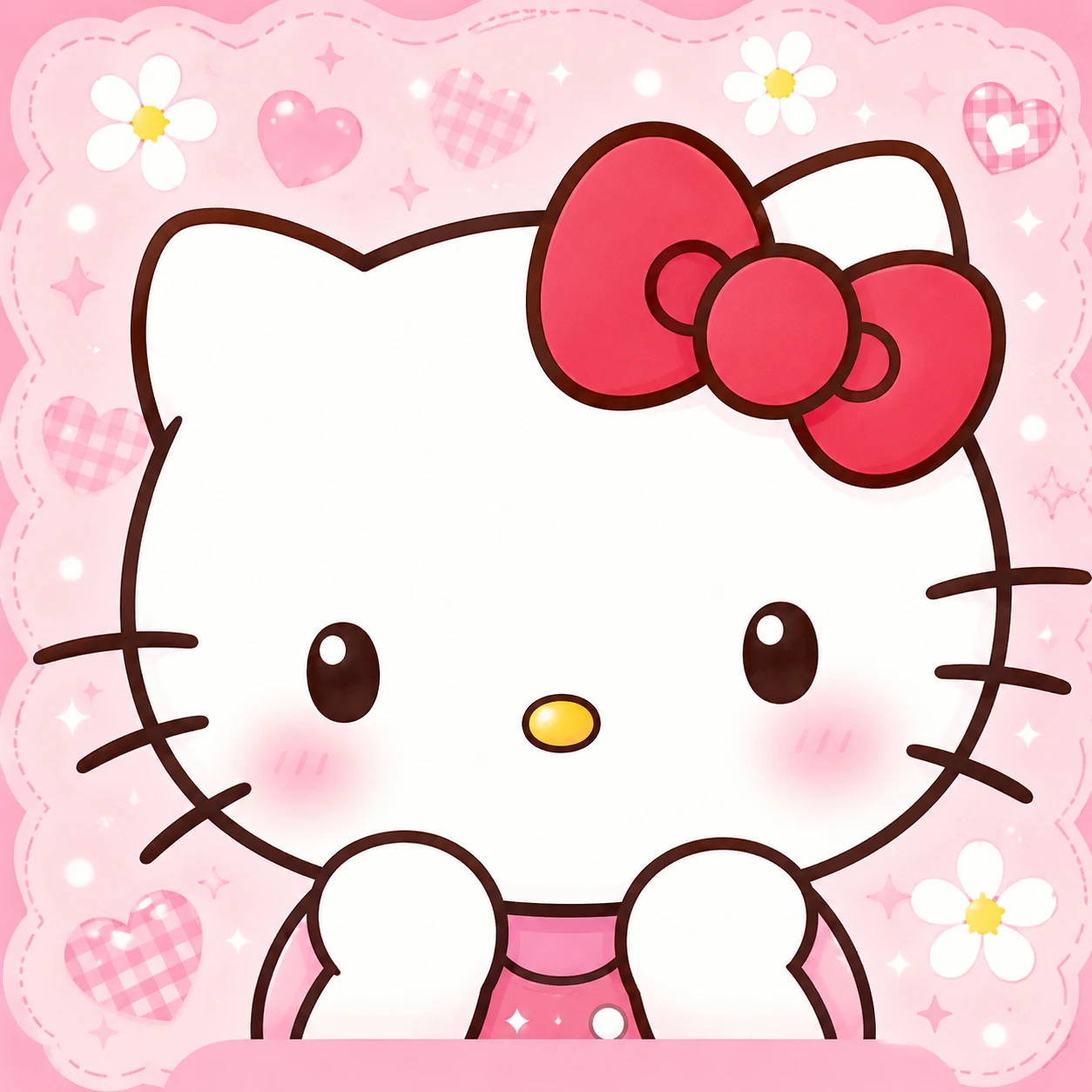 Classic cute Hello Kitty PFP with a red bow and soft pink cheeks on a pale background