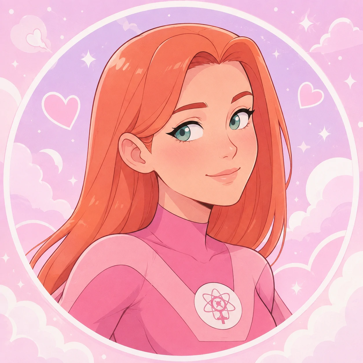 Cute Invincible profile picture of Atom Eve in soft pastel colours and gentle smile