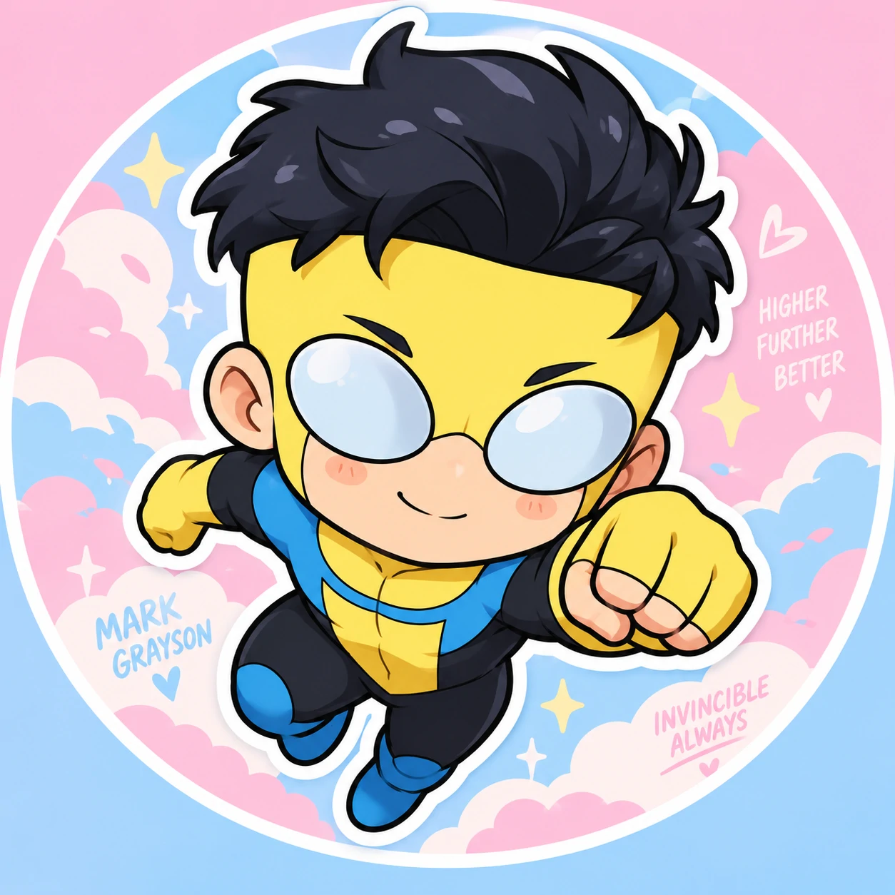 Cute Invincible PFP of chibi Mark Grayson in sticker style with pastel background