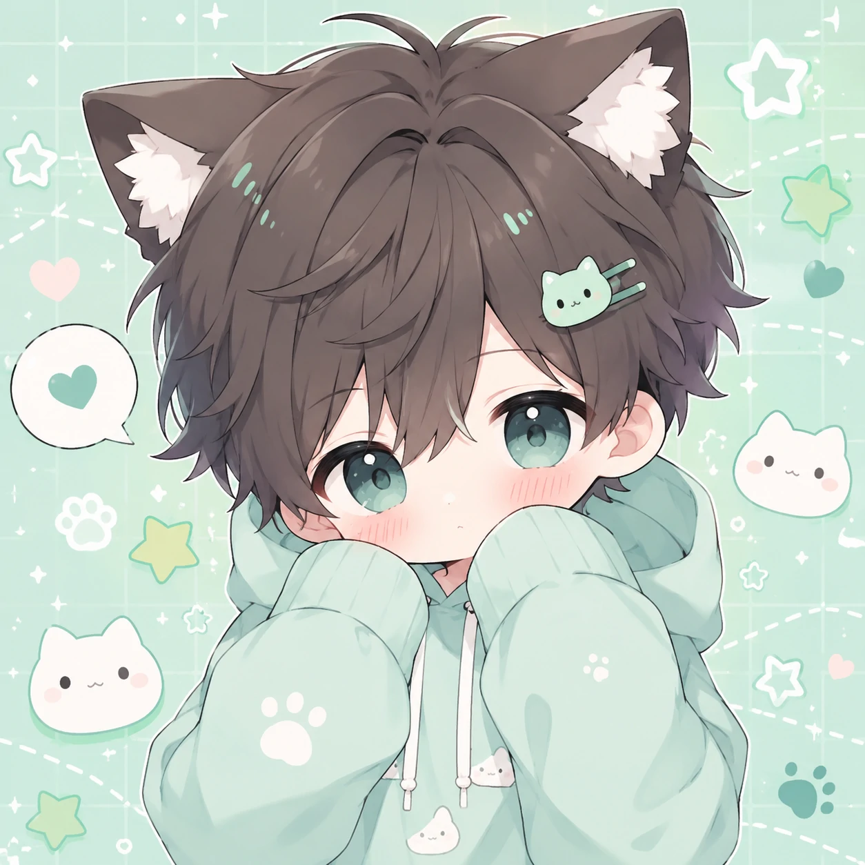 cute kawaii boy PFP with cat ears, chibi anime styling and a mint pastel background