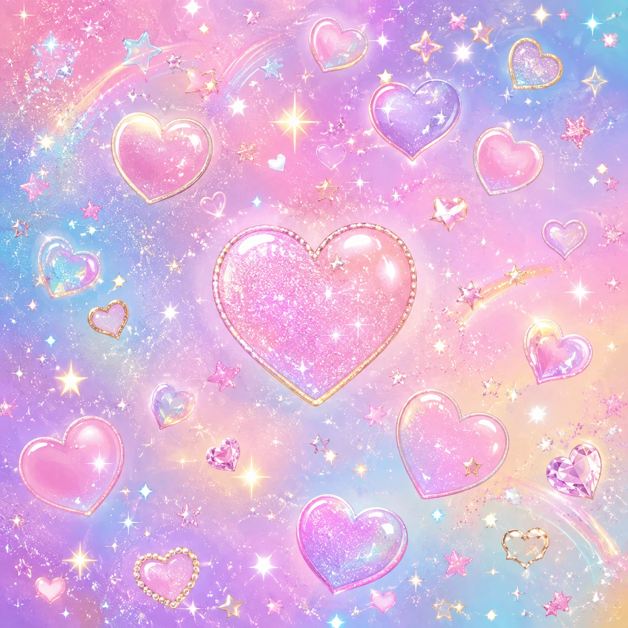 cute kawaii glitter profile picture with heart and sparkle icons on a pastel gradient