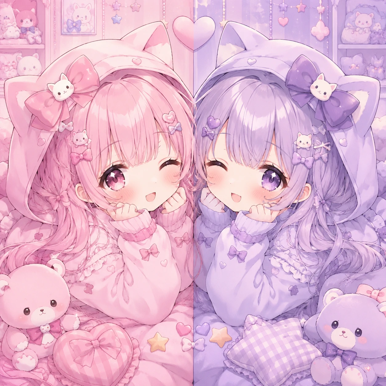 cute kawaii matching PFPs showing two anime girls in a pastel paired composition