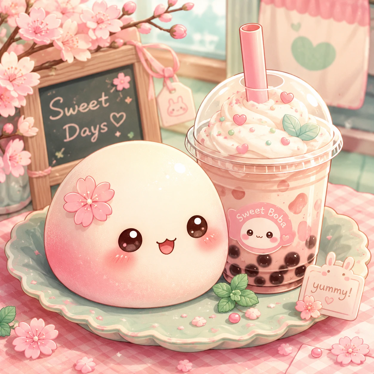 cute kawaii mochi PFP with a boba tea illustration and cream, pink and mint pastel tones