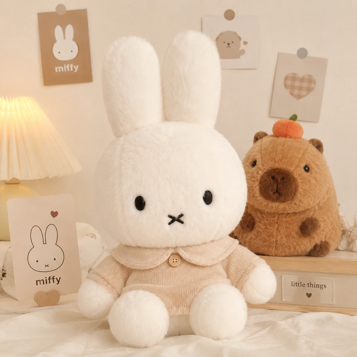 cute kawaii plushie PFP with a Miffy-style bunny plush and a small capybara accent