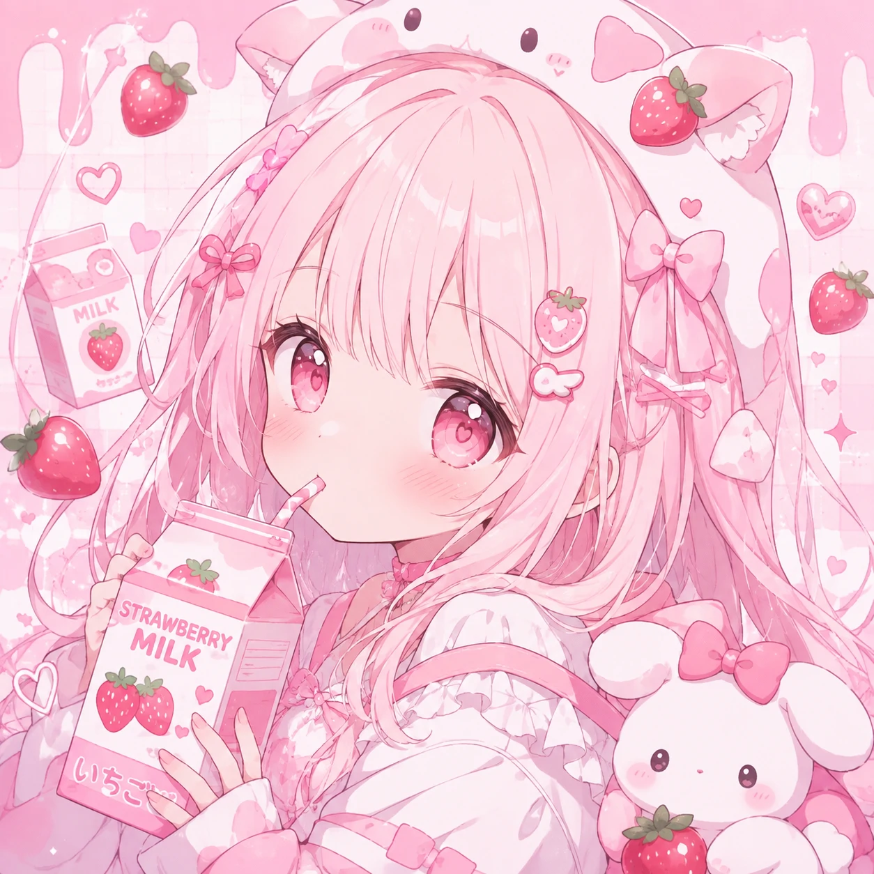 cute pink kawaii PFP with strawberry milk theme, anime girl and heart accents