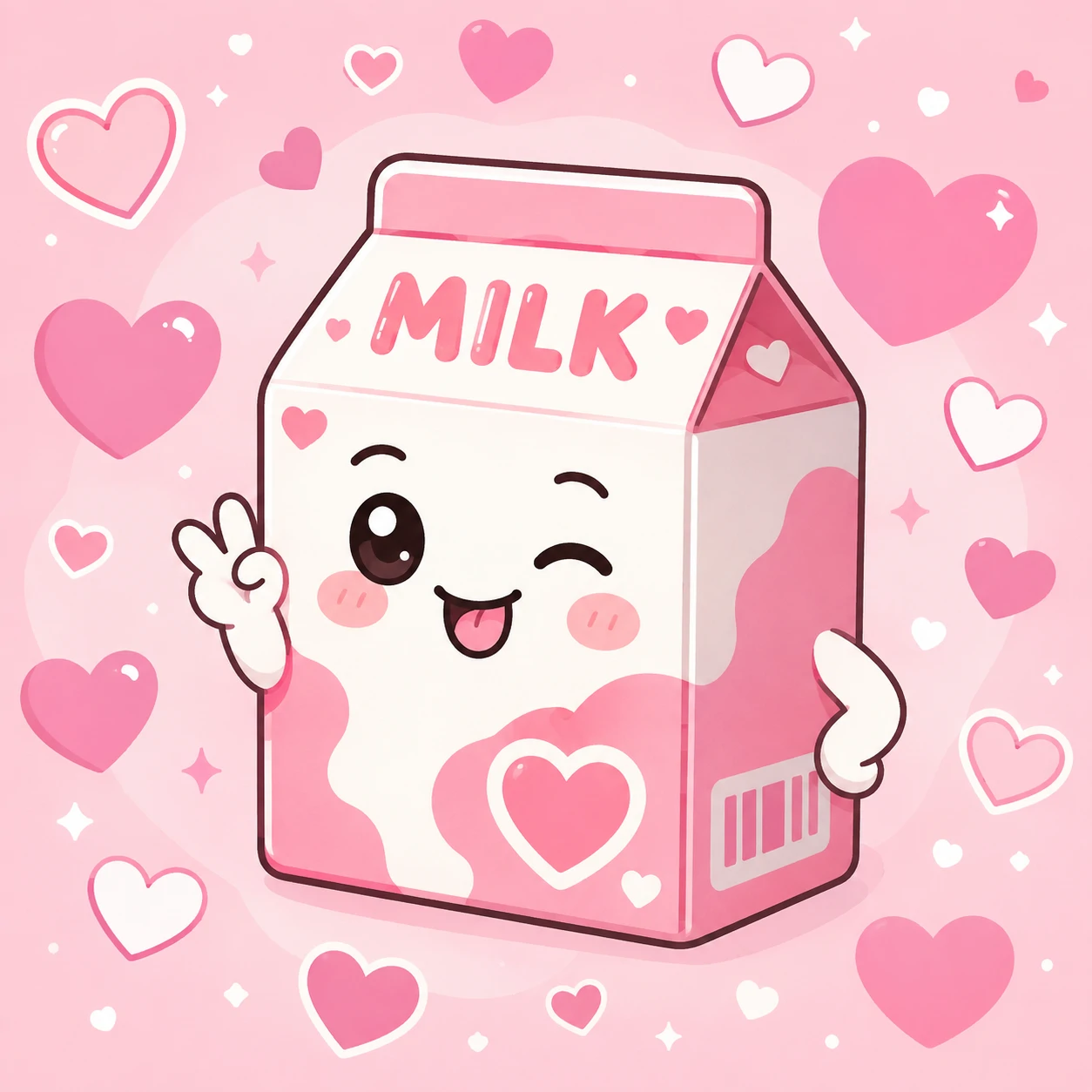 Preppy cartoon pfp of a milk carton character with hearts, pastel background, and cheeky smile