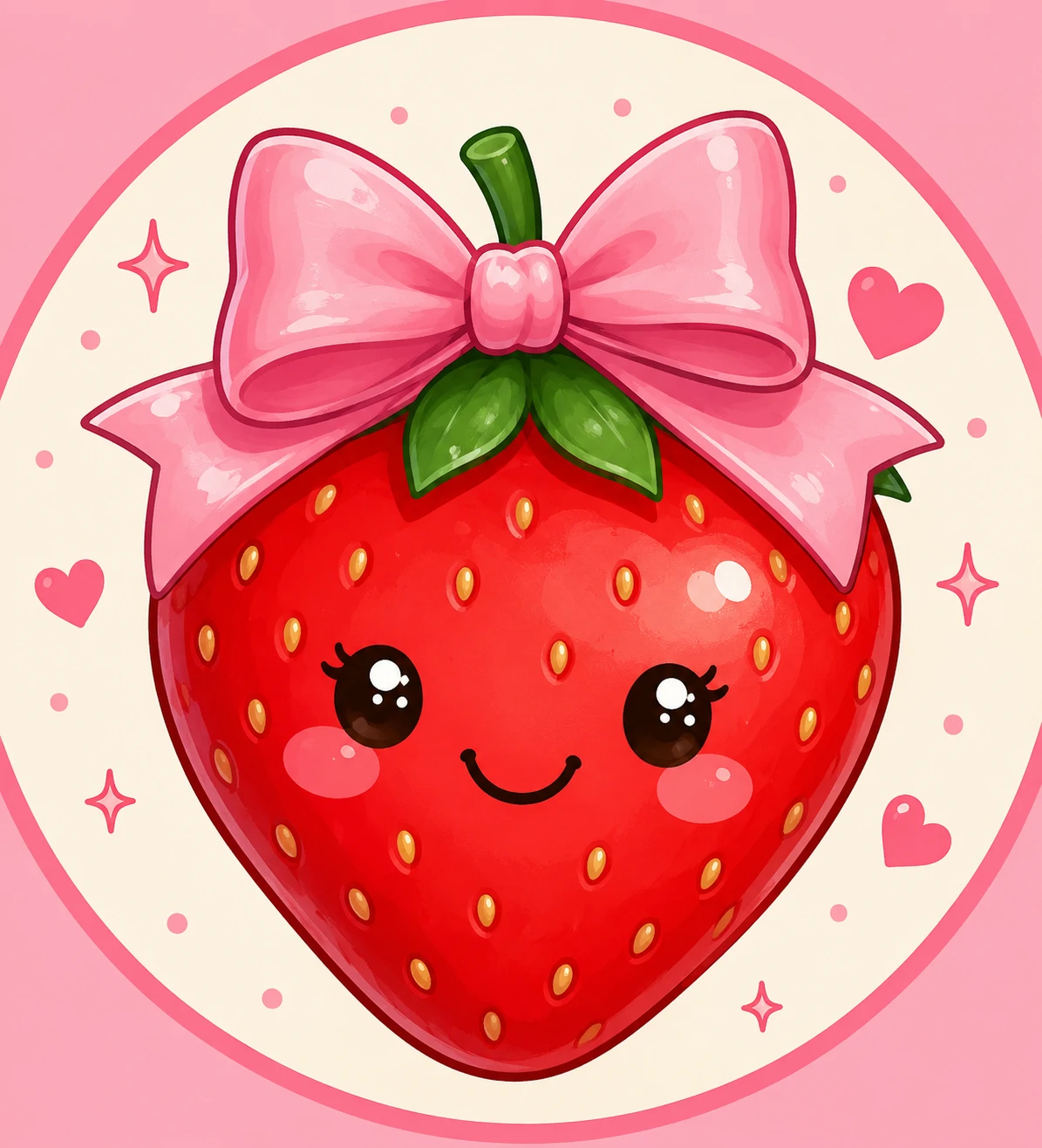 Cute preppy cartoon pfp featuring a smiling strawberry with a pink bow and glossy shine