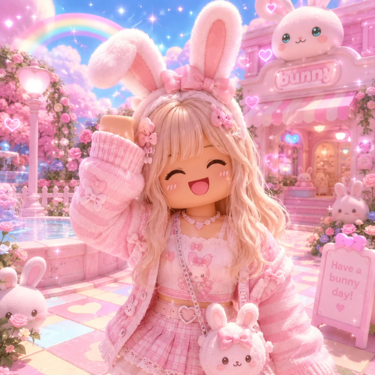 cute Roblox kawaii PFP with bunny ears, cutecore outfit and pastel background render