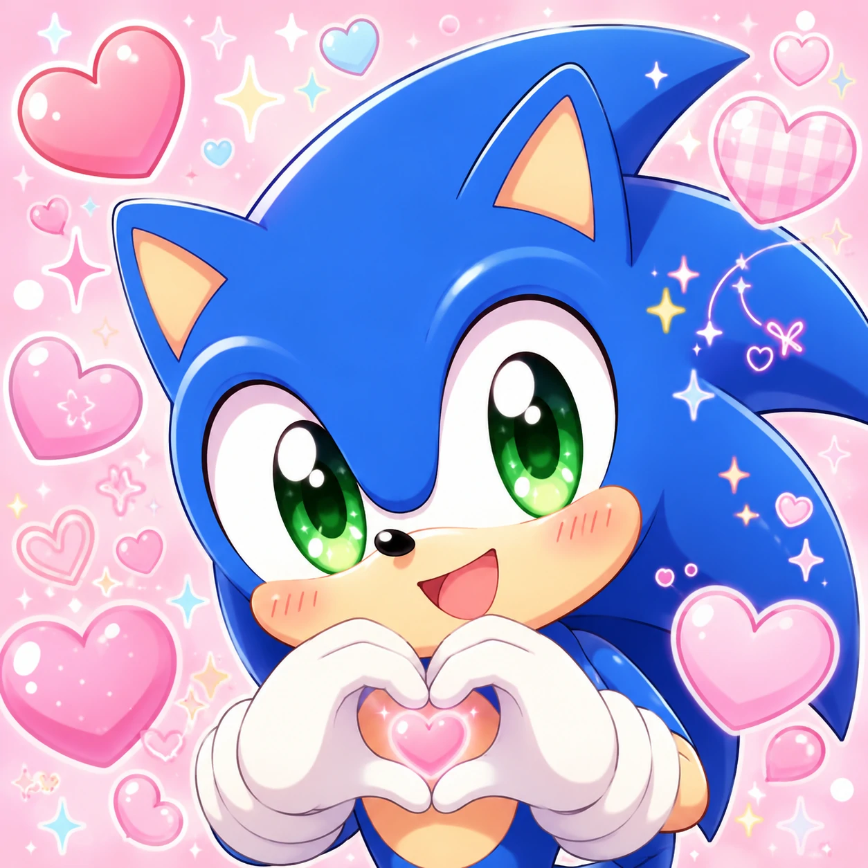Cute chibi Sonic PFP with big green eyes surrounded by pink hearts and pastel sparkles