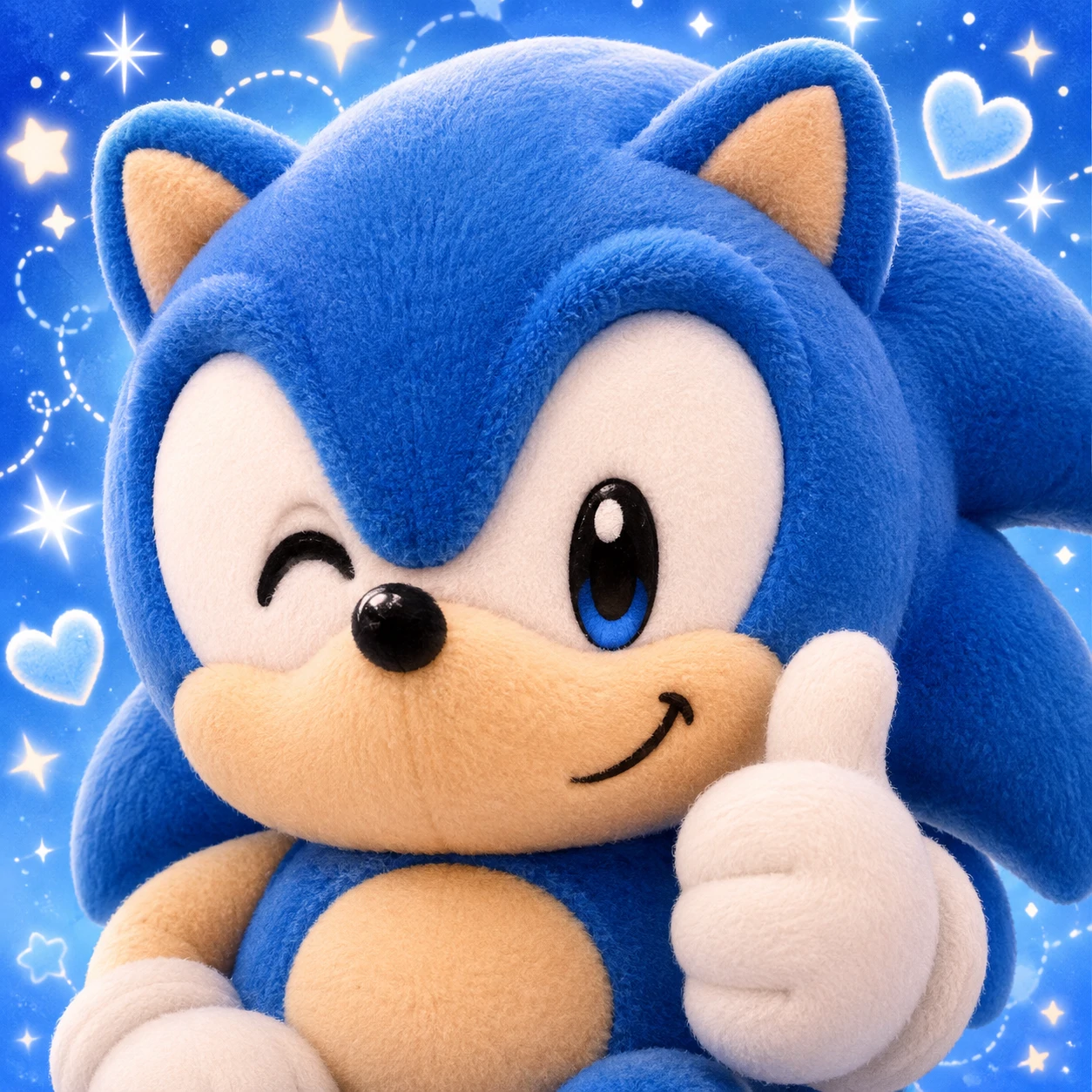Cute plush-style Sonic profile picture with soft blue shading and cheerful smile
