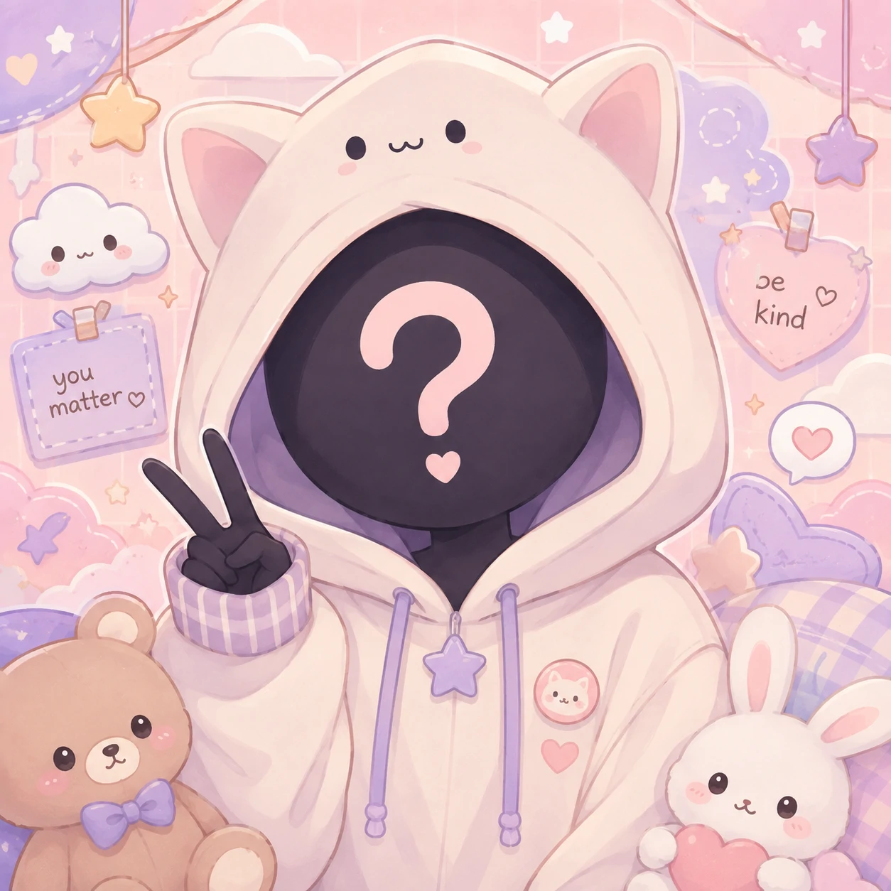 Cute unknown pfp with soft pastel colors and kawaii anonymous character
